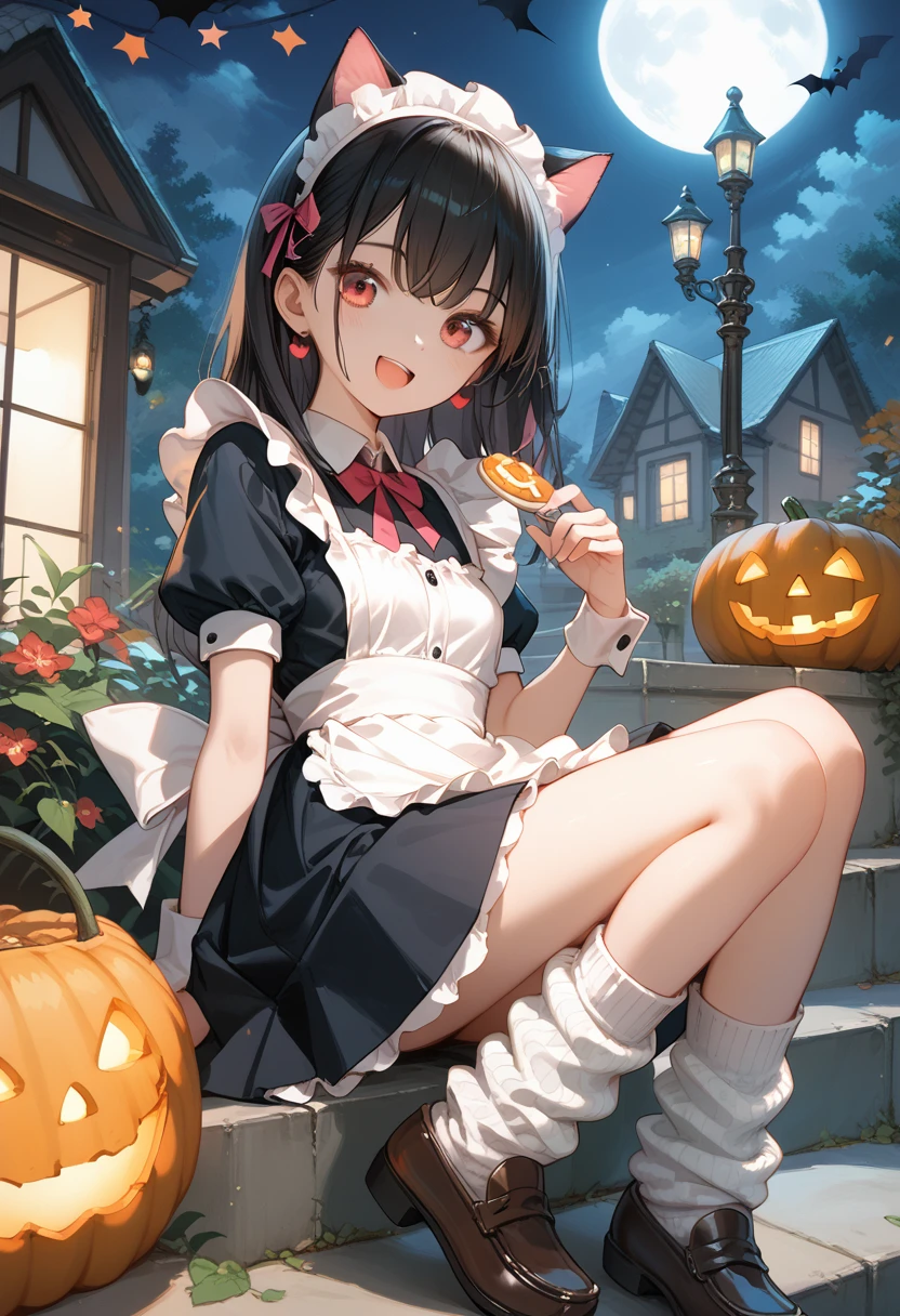 Score_9,Score_8_up,Score_7_up,highest quality anime,,masterpiece,1 girl,slim,small breasts,(Ideal slender proportions),(black_long_hair,straight_bangs,maid costume,cat ears,loose socks,loafers),happy Halloween night