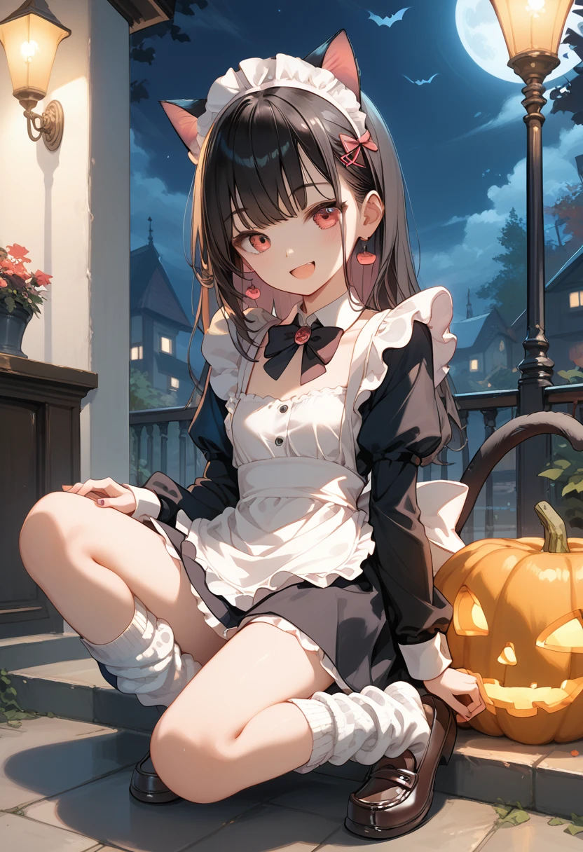 Score_9,Score_8_up,Score_7_up,highest quality anime,,masterpiece,1 girl,slim,small breasts,(Ideal slender proportions),(black_long_hair,straight_bangs,maid costume,cat ears,loose socks,loafers),happy Halloween night