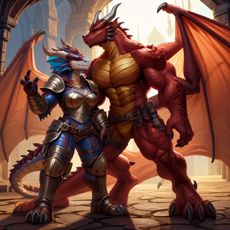 Duo, Dragon Folk, Male and female, fantasy town, plate armor, powerful build, detailed hands((4 fingers)), muscular, correct proportions, full body, black and red scales, , daytime((masterpiece, Best quality)), Wings, same height