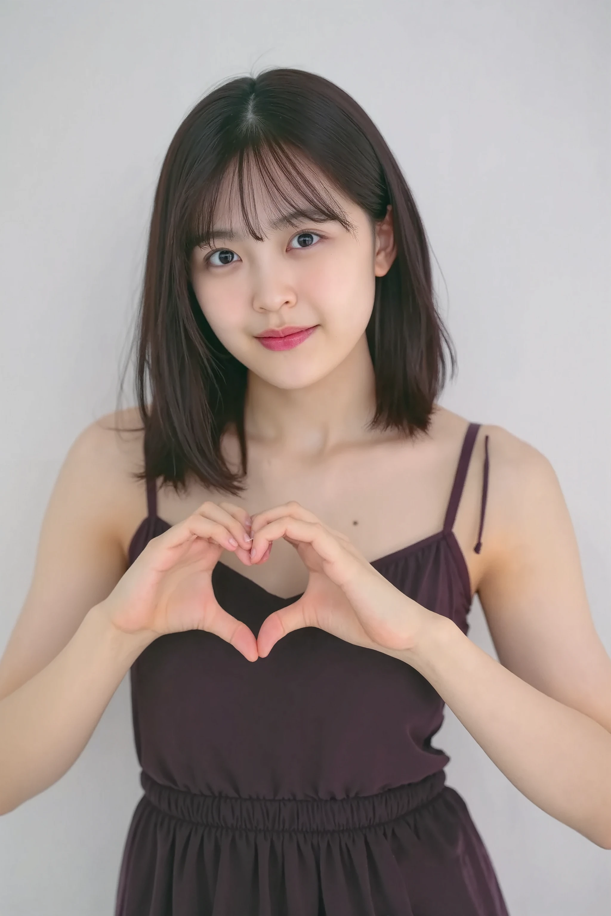 She is in a pose wearing a sexy camisole, making a firm big heart shape with both hands, and holding it in front of her chest, Cute smile up

