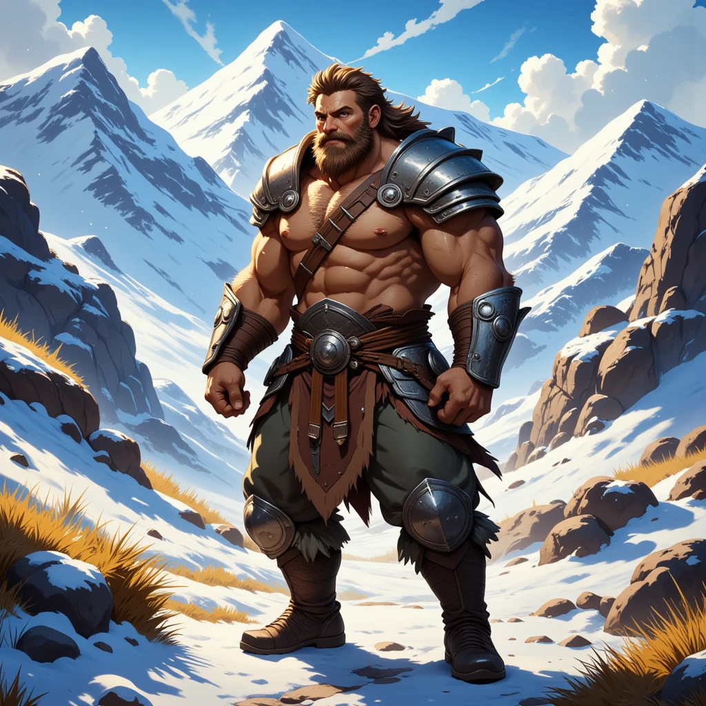 barbarian, a musclegut older-aged larger male, full body in Michelangelo Buonarroti style, housamo style, digital illustration anime, character focus, full body, looking away, dynamic angle, niji5, BREAK costume clothes, armor, helme, pants, boots, standing, fighting pose, dynamic pose, painting landscape, snow mountain, path outdoor, full color, HDR, BREAK manly, tan skin, messy hair, complete anatomy, perfect proportions, beautiful thigh gap, BREAK detailed boots, detailed foot, detailed hands, 5fingers, 5fingers nails, BREAK intense face, anime face, insanity detailed face, male face, big face, strong jawline, anime eyes, detailed brown eyes, detailed brown cornea, detailed dark brown irises, detailed pupils, male eyes, male eyebrows, beautiful beard, BREAK masterpiece, official art, best quality, very aesthetic, absurdres, super fine illustration, great quality, BREAK noise reduction, very highres, large filesize, high quality, 32K, 8k wallpaper, dynamic lighting, BREAK insanity detailed, ultra detailed, intricate details, extremely detailed, detailed texture, an extremely delicate and beautiful, BREAK harmonious body, pastoral face, virtuous eyes, epic atmosphere