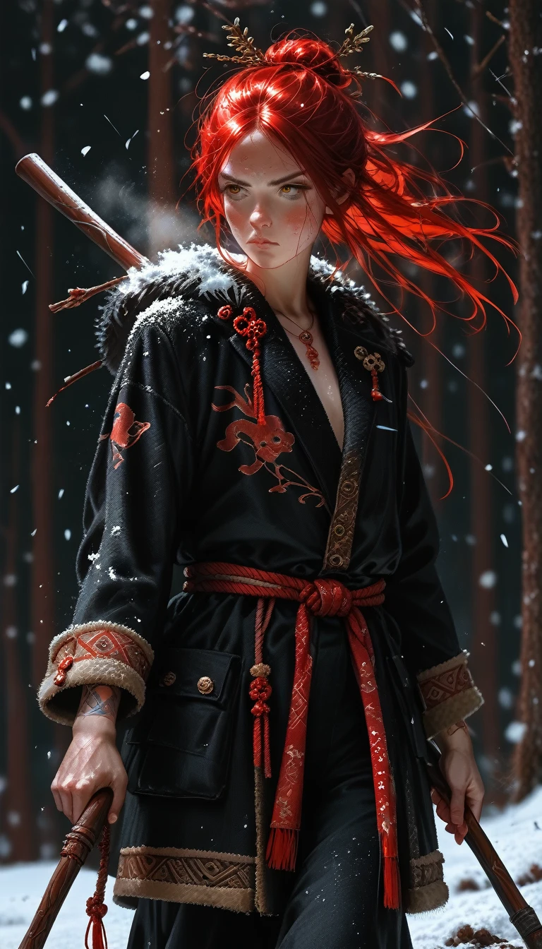 (score_9,score_8_up,score_7_up,score_6_up,score_5_up,score_4_up), full body shot, panoramic view,  Huntress girl holding a old wooden rifle in snow battle pose,oriental,Blade and Soul,ink style,long red hair,leather and fur coat,Cold,Artwork,3D,4K,Detailed,Realistic, d3t41l3d