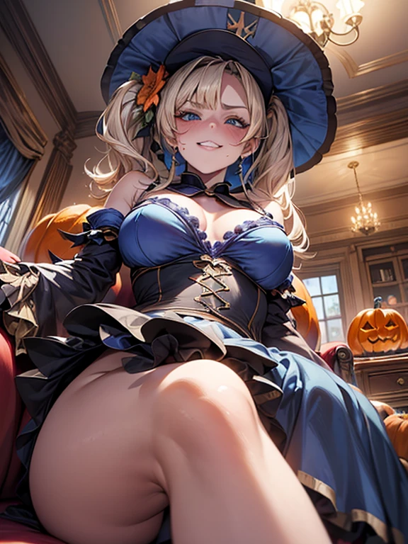 1 Girl, Large Bust, , 　Blonde　Wavy Hair＋Twin tails＋Long Hair　Blue Eyes　　temptation expression　blush　Open Mouth　　セクシーなHalloweenビキニ　　　Esbian all over　Halloween　squash　Sit on the pumpkin　Night Moon　A starry sky