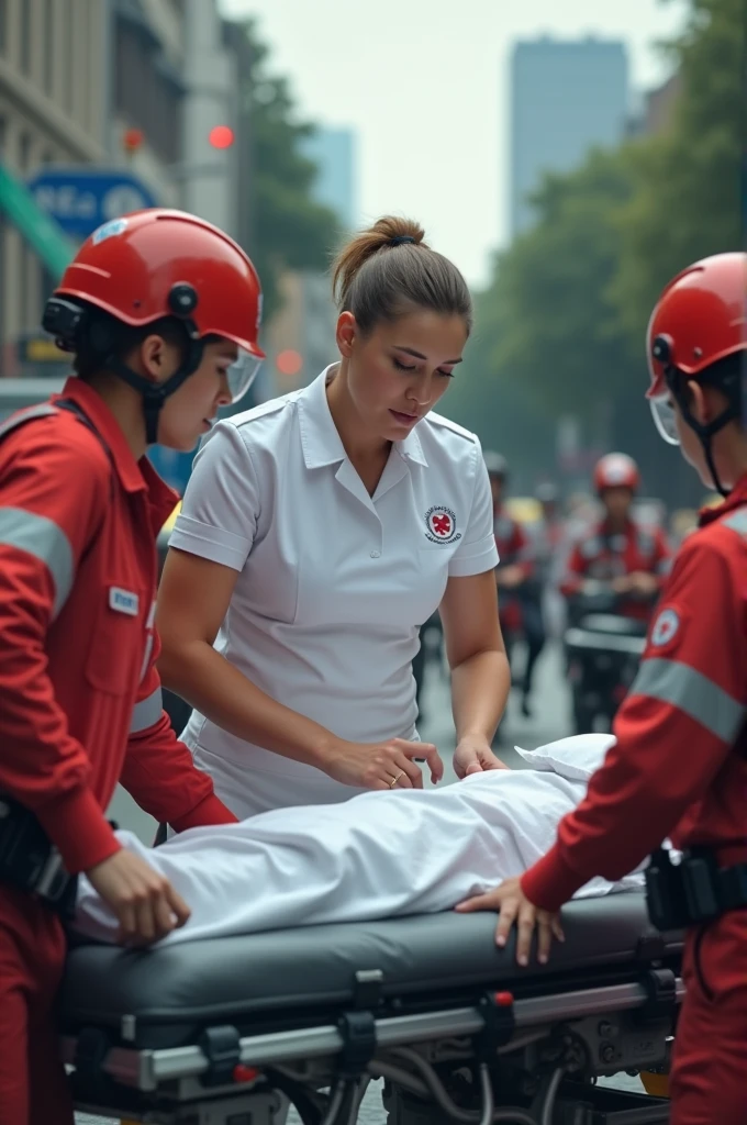 a man with red cross emblem helping children in a war zone