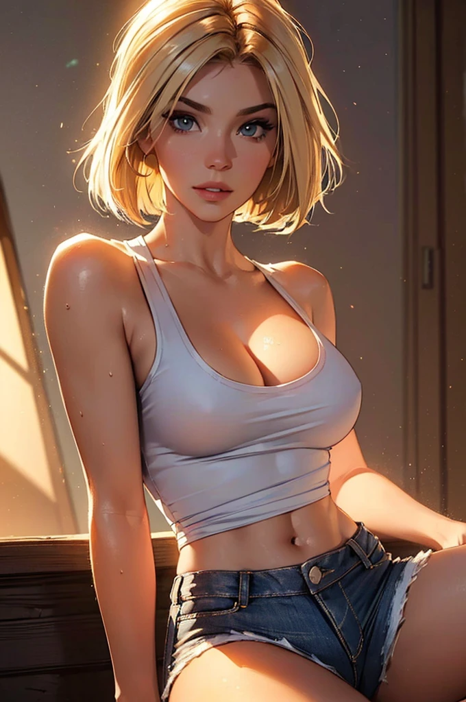 ((((masterpiece, best quality, high resolution)))), Extremely detailed 8K, Beautiful girl with slender body, (Ultra HD, Ultra-detailed, Highly detailed, Highly realistic, Ultra-realistic, photograph realistic), (1girl:1.5), (Realistic blonde hair with dark roots), short wavy hair, bob cut, (dynamic poses), facing at camera, light smile, (beautiful detailed face, beautiful detailed eyes), (white tank top, thin material), see through top, cleavage, dark jean shorts, glow, sweat, (sunbeam, sunlight), detailed makeup