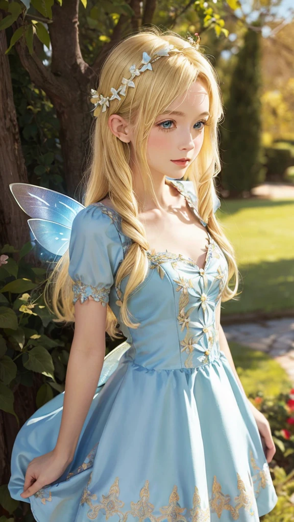 A beautiful blonde woman wearing a little fairy dress