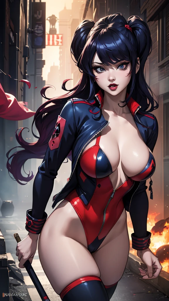 (best quality,4k,8k,highres,masterpiece:1.2),ultra-detailed,(realistic,photorealistic,photo-realistic:1.37), Komi Shouko wearing a cosplay of harley quinn, a sexy girl with a big hair who has vibrant red and blue colored hair, big breasts, big butt, slim legs, wearing joker makeup with exaggerated, crazy expression. She is holding a bat and a weapon, surrounded by swirling smoke effects. The scene is set in a dark background, reminiscent of Gotham City. The colors in the image are bright and vivid, resembling those in a comic book.