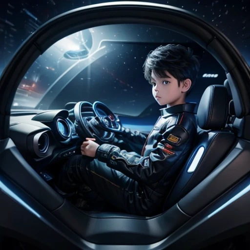 A place where a boy navigates on the steering wheel of a futuristic motorbike in stereoscopic images