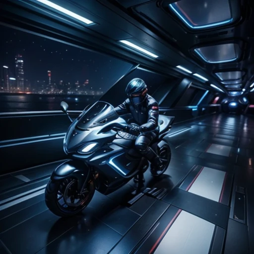 A place where a boy navigates on the steering wheel of a futuristic motorbike in stereoscopic images