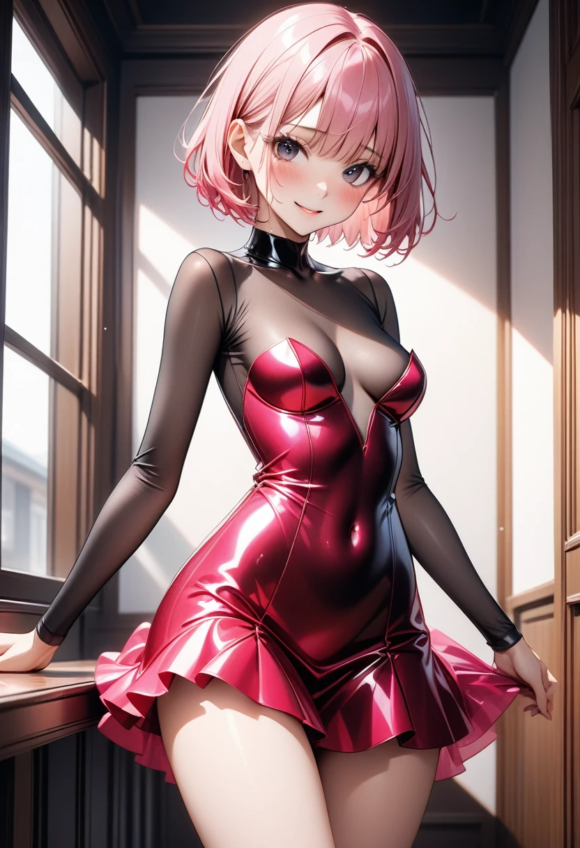 score_9, score_8_up, score_7_up, Expressiveh, Oboro, 1girl, solo focus, mature female, wine, luxury room, window, rain, night, city lights, looking at viewer, smirk, purple-red bob hair, blunt bangs, eyeshadow, lipstick, makeup, red eyes, revealing red long dress, bare shoulders, red elbow gloves, suggestive sideslit, thighs, necklace, nsfw, indoors, cum, sitting on the corner of a window, cum in glass