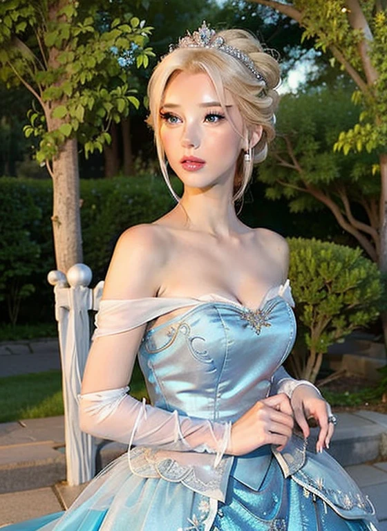 there is a woman in a blue dress posing for a picture, blonde - haired princess and blue bambi eyes, beautiful elsa, elegant glamourous cosplay, elsa from frozen, beautiful princess, glamourous cosplay, anime princess, beautiful female princess, elsa frozen, elsa, ethereal fairytale, cosplay photo, cinderella, ethereal beauty, anime girl cosplay, beautiful maiden, anime cosplay