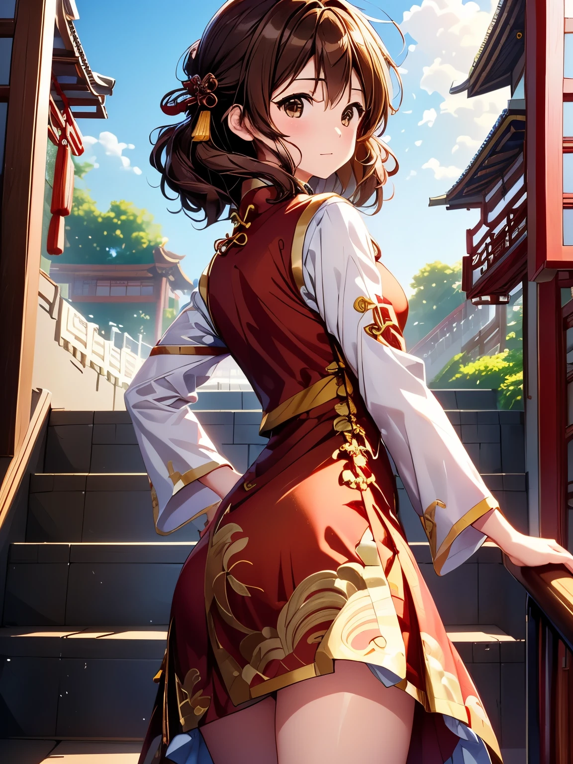  Best Quality ,  Kampala , one girl playing pranks、town、City、Alone、kumiko oumae、(Standing on the stairs:1.5)、 closed mouth、Laughter、Brown Hair、(Degree of brown eyes:1.5)、 One side up 、( china dress,Chinese clothing:1.5)、 high definition face、Perfect lighting 、 highly detailed CG 、 (Perfect hands、 perfect anatomy)、 (Lower Body Shot), (Shot from below 1.3), (View from behind 1.3)