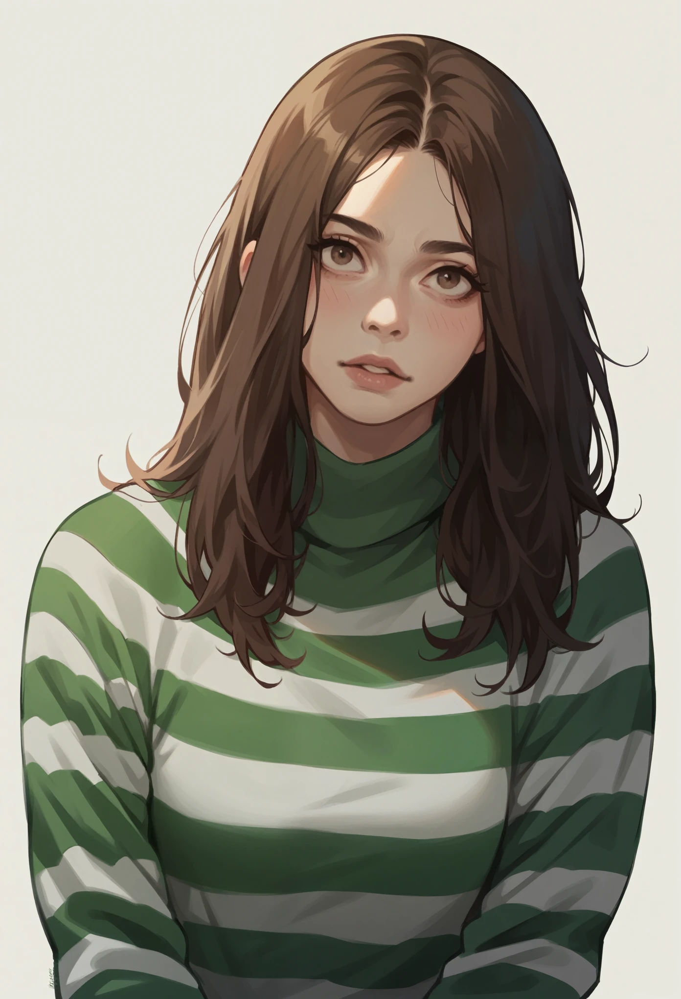 elixolsn, score_9, score_8_up, score_7_up, t4s14, 1girl, white skin, dark brown hair and eyes, simple background, green striped sweater, flat 2D illustration