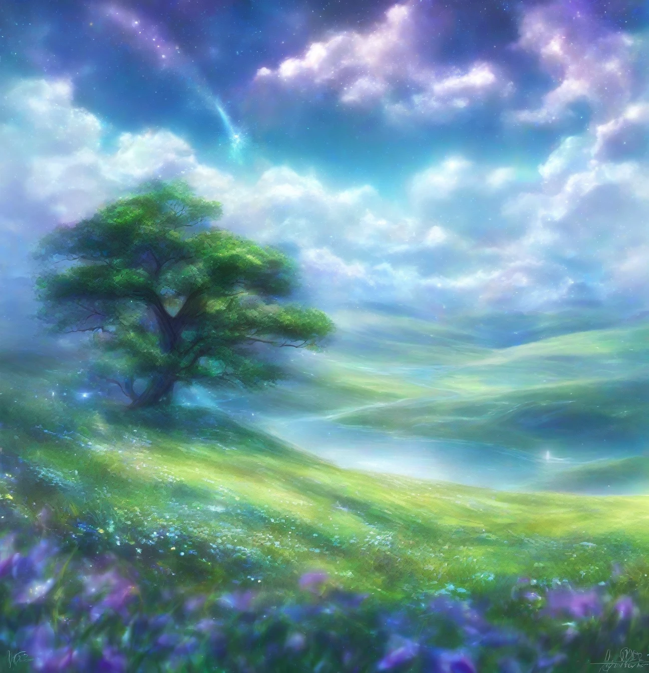 Here is a detailed profile in prompt format for the magic scene:

---

**Prompt:**  A vast meadow covered with soft green grass ,  dotted with bioluminescent flowers that emit a subtle and ethereal glow in shades of blue and purple,  giving the scene a magical and surreal atmosphere .  In the center of the prairie ,  a crystalline lake reflects the sky and the clouds ,  with calm waters that glow when receiving the light of the surrounding flowers . sparse trees,  with twisted trunks and foliage that varies between shades of green and silver , adorn the place , adding a sense of depth and mystery. IN THE SKY,  large and dense clouds float under a deep blue background ,  each with soft contours that seem to fall apart in a diffusing stamble effect ,  as if they were brushed on a painting .