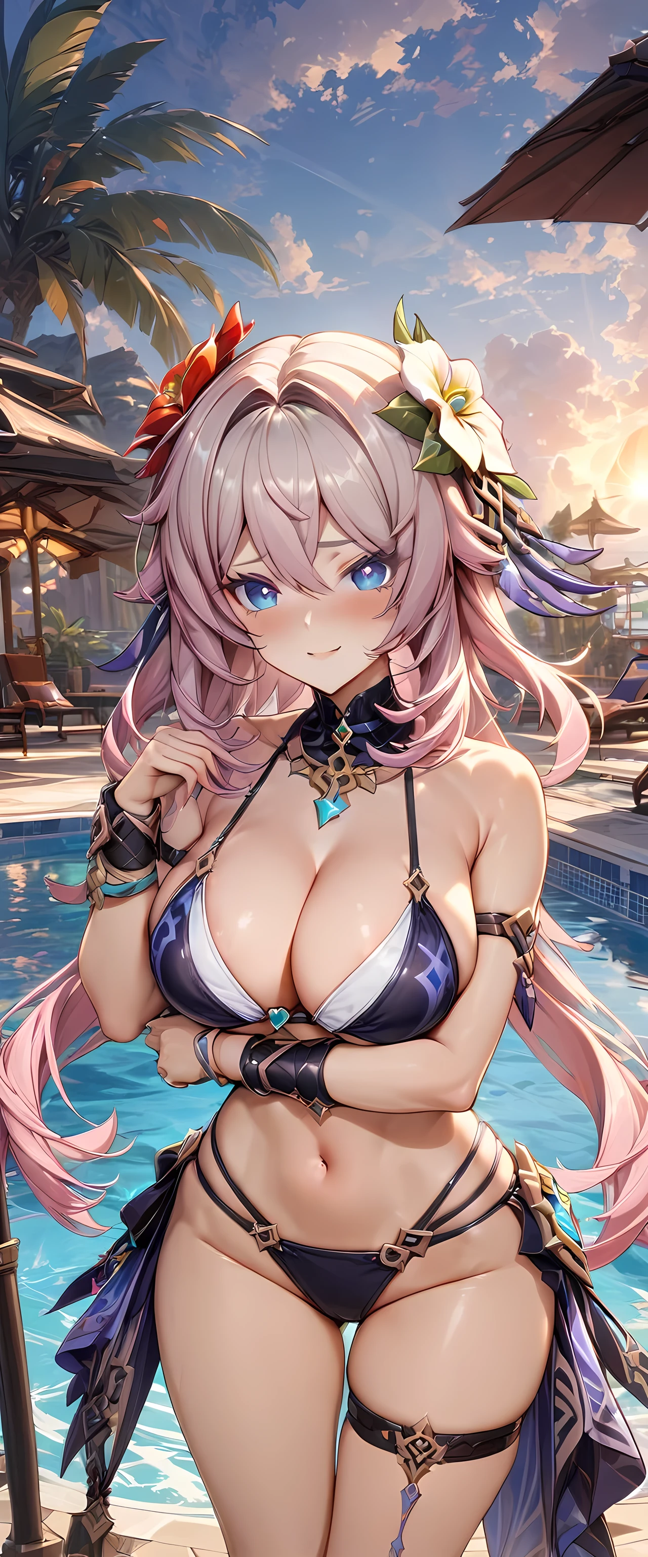 (masterpiece), best quality, expressive eyes, perfect face,8k wallpaper，detailed background,1girl,citlali_(genshin_impact),genshin impact,pink hair,hair flower，sun，heel sandals，clear sky,bare shoulders,(heart necklace),big breasts,cleavage,asymmetrical legwear, braclets,cleavage, single thighhigh strap,summer clothes,(swimsuit,bikini),(string bikini),choker, cowboy shot, standing,beach resort,poolside,seductive pose,shy smile