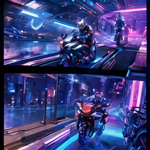 A place where a boy navigates on the steering wheel of a futuristic motorbike in stereoscopic images