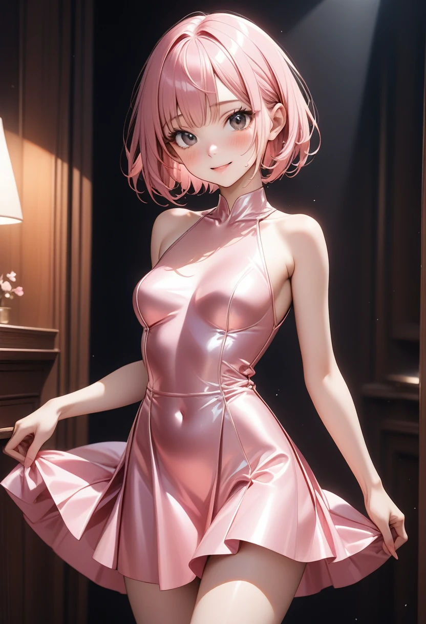 (1 girl),(Best Picture Quality, 8K, Masterpiece:1.3), (18year:1.5), ((pink lob hair:1.1)), (bob cut),(swept bangs), (cute eyes, pupil black, iris skyblue, youthful face), (mole under right eye), (standard weight), (small breasts), (glistening skin:1.1),(pale skin:1.2), ((pink Bodycon Mini Dress)).