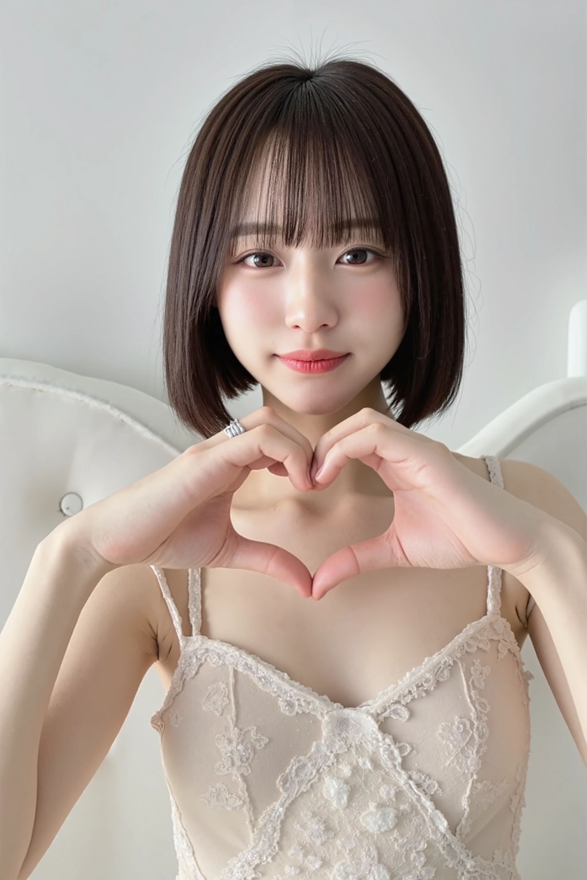 She is in a pose wearing a sexy camisole, making a firm big heart shape with both hands, and holding it in front of her chest, Cute smile up

