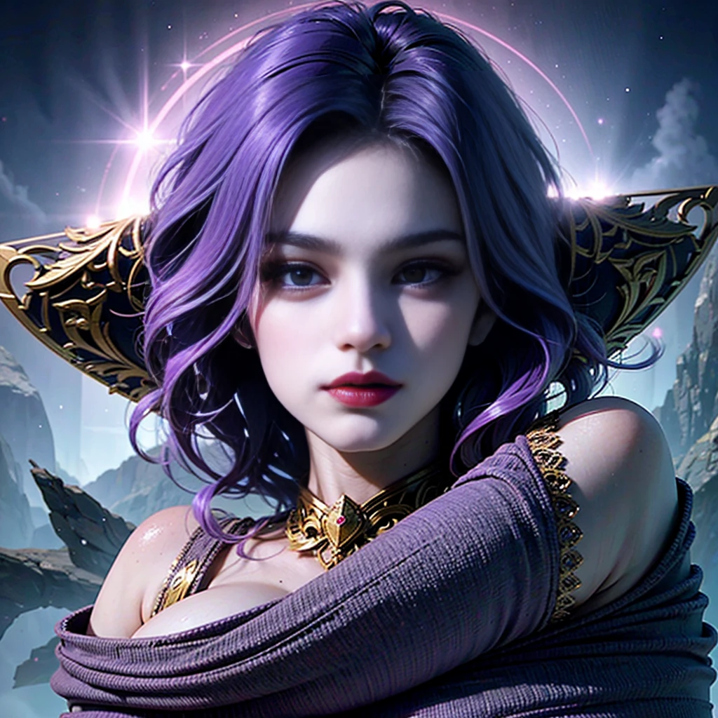 A Thai Lady Boy Solo Woman, gigantic Breasts, Purple hair, purple eyebrows. purple pubic hair , Dark Violet hair, Dark Ice Blue eyes , Pearl Neckless , Fancy Jewelry ,Wearing Gold Armor, futuristic San Francisco , intricate details, dramatic lighting, hyperrealism, photorealistic, cinematic, 8k sharp focus, unreal engine 5 effects--niji 5, style expressive ,Large Bulge in Crotch ,futanari