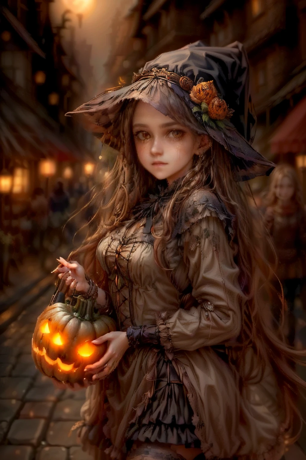  cute pumpkin queen, highly detailed face, beautiful detailed eyes, beautiful detailed lips, extremely detailed face, long eyelashes, pumpkin costume, pumpkin followers holding lanterns, city street at night, skyscrapers, street lamps, moon, fog, spooky atmosphere, cinematic lighting, vibrant colors, 8k, photorealistic, concept art. european pumpkin queen, cute pumpkin queen, a girl  in a witch costume holding a pumpkin in a street, the style of wlop, portrait of a young witch girl, classical witch, fantasy art style, artwork in the style of guweiz, dark fantasy style art, inspired by WLOP, portrait of a young witch, wlop |, in style of wlop, witch girl