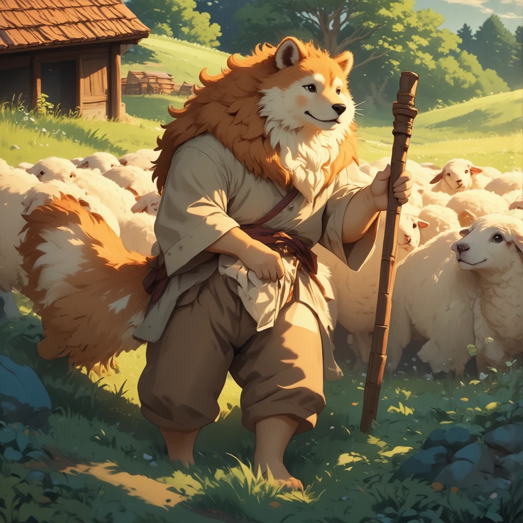 character focus, full body, looking away, dynamic angle, shepherd, middle-aged akita inu man, happy, light smile, costume clothes, shirt, pants, pastoral stick, a flock of sheep, detailed painting landscape, afternoon, sheep farm, outdoor, BREAK full body in Michelangelo Buonarroti style, housamo style, digital illustration anime, BREAK complete anatomy, perfect proportions, beautiful thigh gap, fluffy body, intricate fur details, beautiful fur texture, BREAK a detailed akita inu 1tail, detailed toe, 5toes, 5toes nails, beautiful foot, detailed hands, 5fingers, 5fingers nails, BREAK aesthetic anime face, insanity detailed face, male face, big face, square jawline, aesthetic anime eyes, detailed brown eyes, detailed brown cornea, detailed dark brown irises, detailed pupils, male eyes, big eyes, male eyebrows, innocent look, beautiful beard, BREAK masterpiece, official art, best quality, very aesthetic, absurdres, super fine illustration, great quality, BREAK noise reduction, very highres, large filesize, high quality, 32K, 8k wallpaper, dynamic lighting, BREAK insanity detailed, ultra detailed, intricate details, extremely detailed, detailed texture, an extremely delicate and beautiful, full color, HDR, BREAK e621 illustration, osukemo, kemohomo, anthropomorphic, furry, cartoon, harmonious eyes, pastoral face, virtuous body, epic atmosphere 