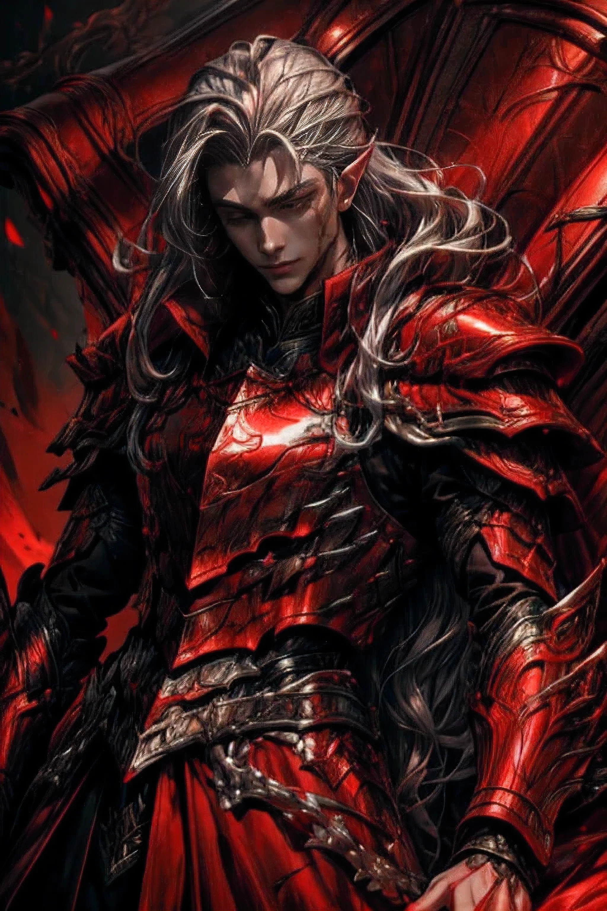 Detailed, Beautiful, 4k, Best Quality,  Silver Hair, Pointed Ears, Crimson Red eyes, Otherworldly Handsome,  Blood Magic, Young Man, Longhaired , Male focus, Red Trench Coat, Detailed face, Detailed Body, no beard, Bow, Armour, Red Armour