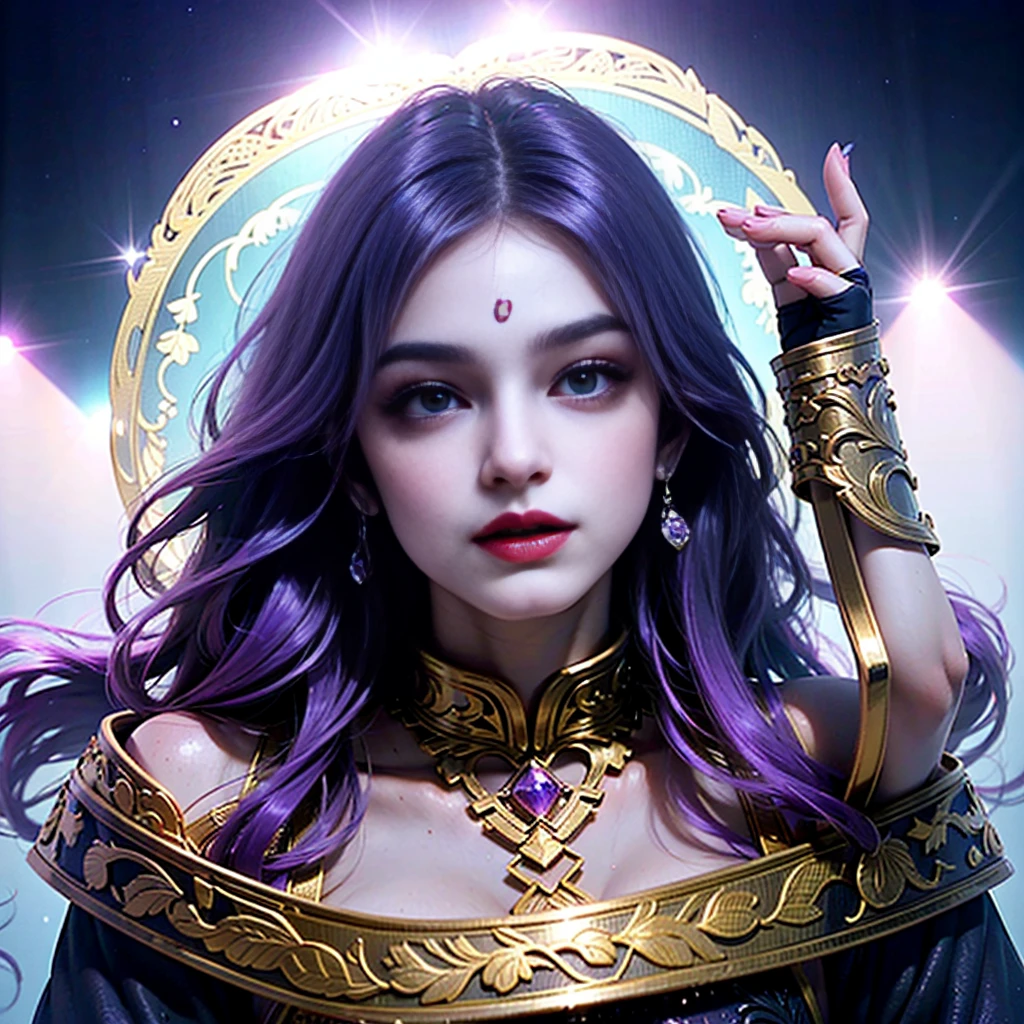 A Thai Lady Boy Solo Woman, gigantic Breasts, Purple hair, purple eyebrows. purple pubic hair , Dark Violet hair, Dark Ice Blue eyes , Pearl Neckless , Fancy Jewelry ,Wearing Gold Armor, futuristic San Francisco , intricate details, dramatic lighting, hyperrealism, photorealistic, cinematic, 8k sharp focus, unreal engine 5 effects--niji 5, style expressive ,Large Bulge in Crotch ,futanari , full body.