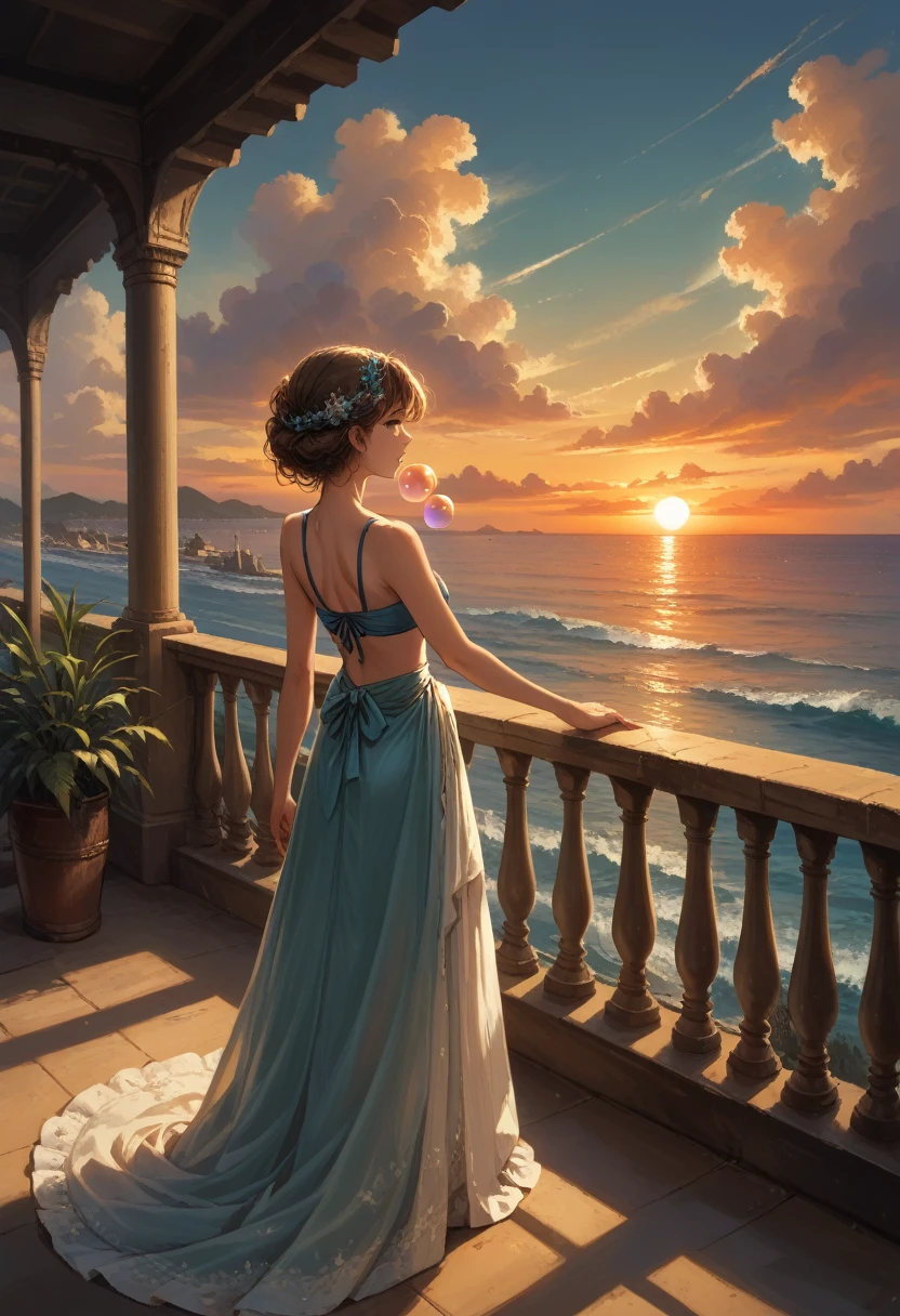 28 years old, Girl 1, Bright and Sexy, standing on the balcony, beautiful view, blowing bubbles, sunset, clear detail, dynamic shadows, masterpiece, It's getting dark, Very Juicy Colors, 8 K, Maximum Resolution, score_9,score_8_up,score_7_up,masterpiece,best quality,perfect anatomy,very aesthetic,official art,8k, beach outfit, beach vibe