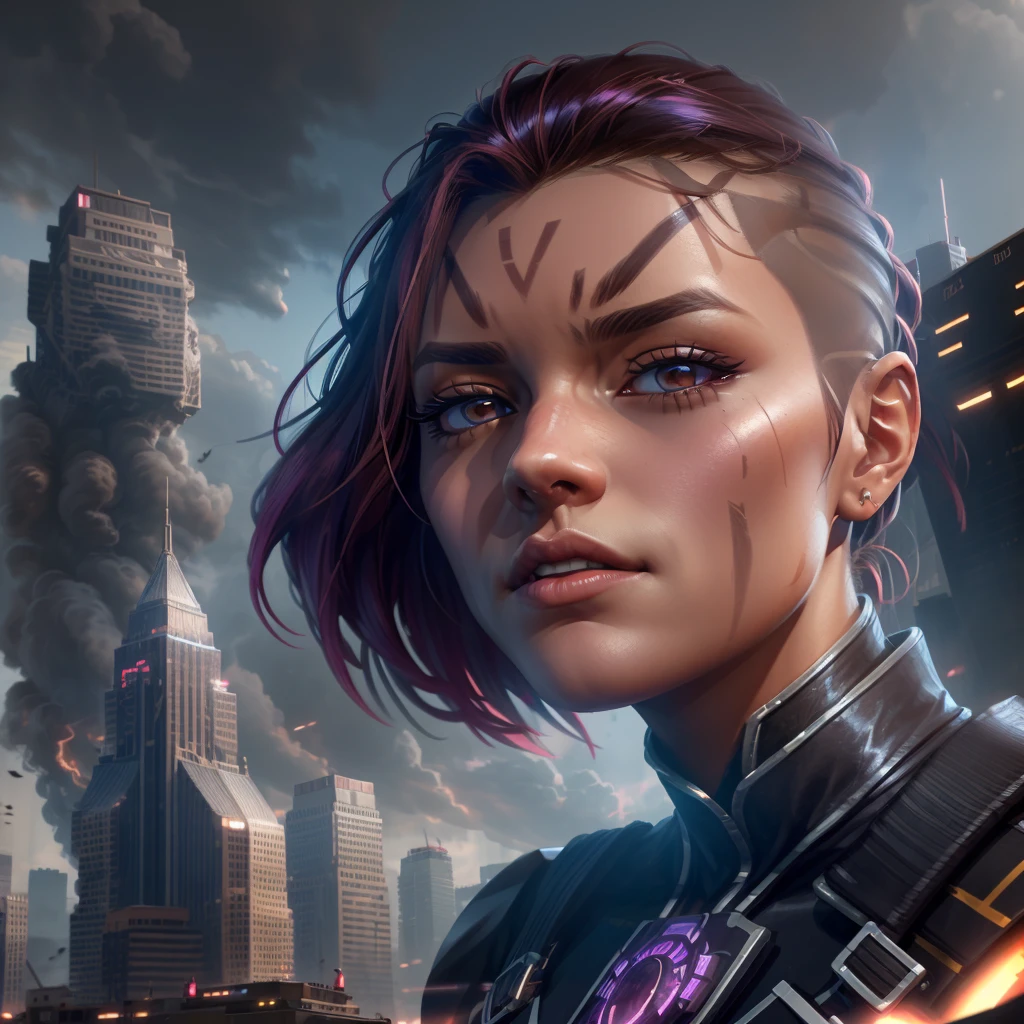 a giantess girl, beautiful detailed eyes, beautiful detailed lips, extremely detailed face and eyes, long eyelashes, crushing a city, towering over skyscrapers, photorealistic, 8k, hyper detailed, cinematic lighting, dramatic shadows, vibrant colors, moody and atmospheric, dystopian sci-fi, cinematic composition