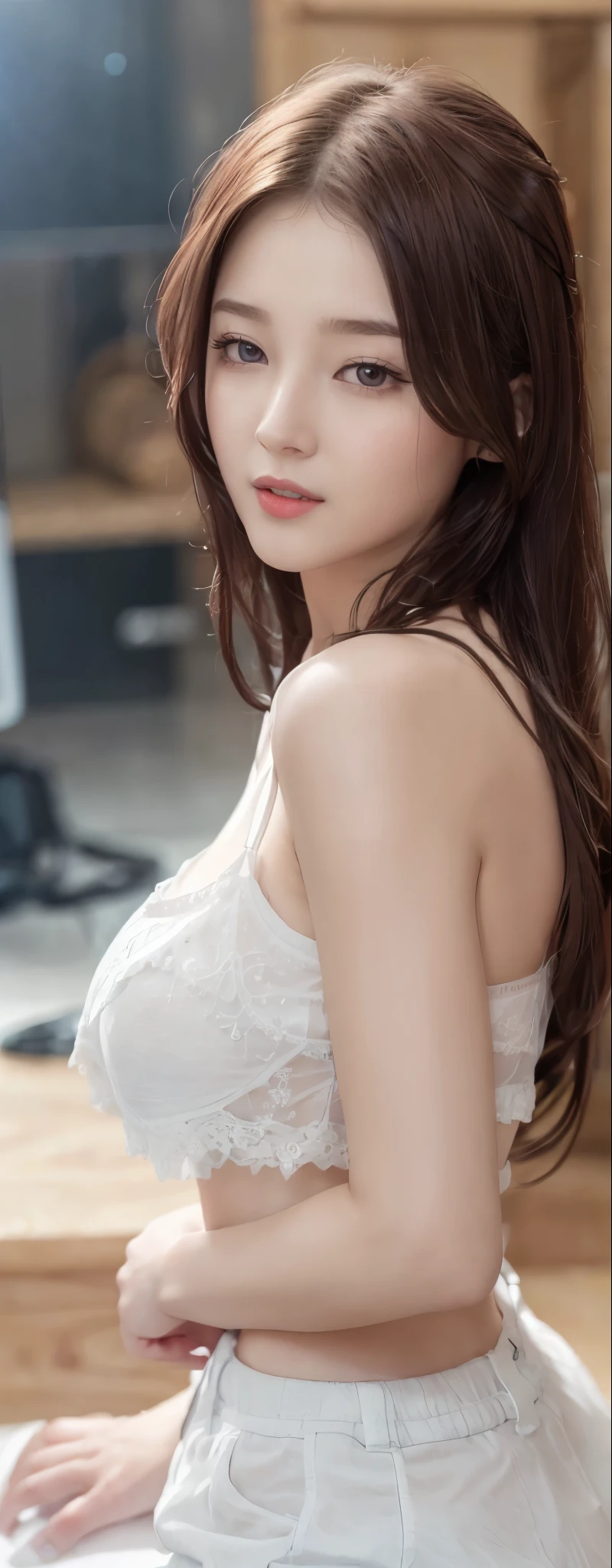 Korean Girlsband,
happy smiling facial expression,
(Makeup:1.1)
Eye makeup,
perfect fingers,
bright eyes,
realistic eyes,
expressive eyes,
perfect eyes,
matching eyes,
realistic skin,
long hair,
wavy hair,
korean hairstyle,
(Open chest),
(Medium dense breast:1.2),
realistic breast,
realistic nipple,
(white v-neck bralette, SNSD fashion outfit),
Very high resolution,
dynamic pose, dynamic perspective, large file size, maximum detail, 8k,
Realistic, jewelry,
Cold lighting, pale white skin, accurate body proportions, ideal body,
Makeup room background.