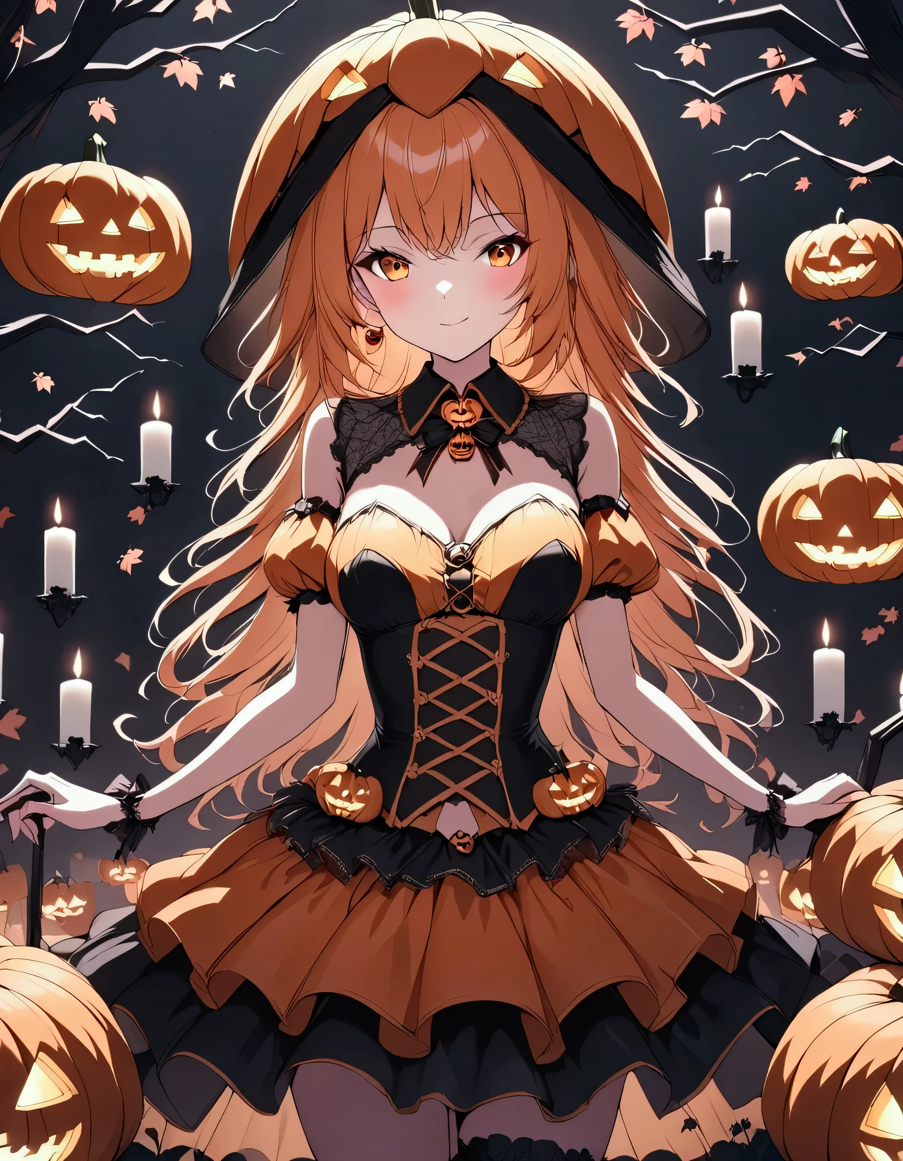 "An anime girl dressed in a glamorous orange and black pumpkin-inspired costume with a corset top and layered skirt. She stands confidently in a pumpkin patch, holding a carved jack-o'-lantern with a seductive smile, surrounded by soft candlelight and autumn leaves."