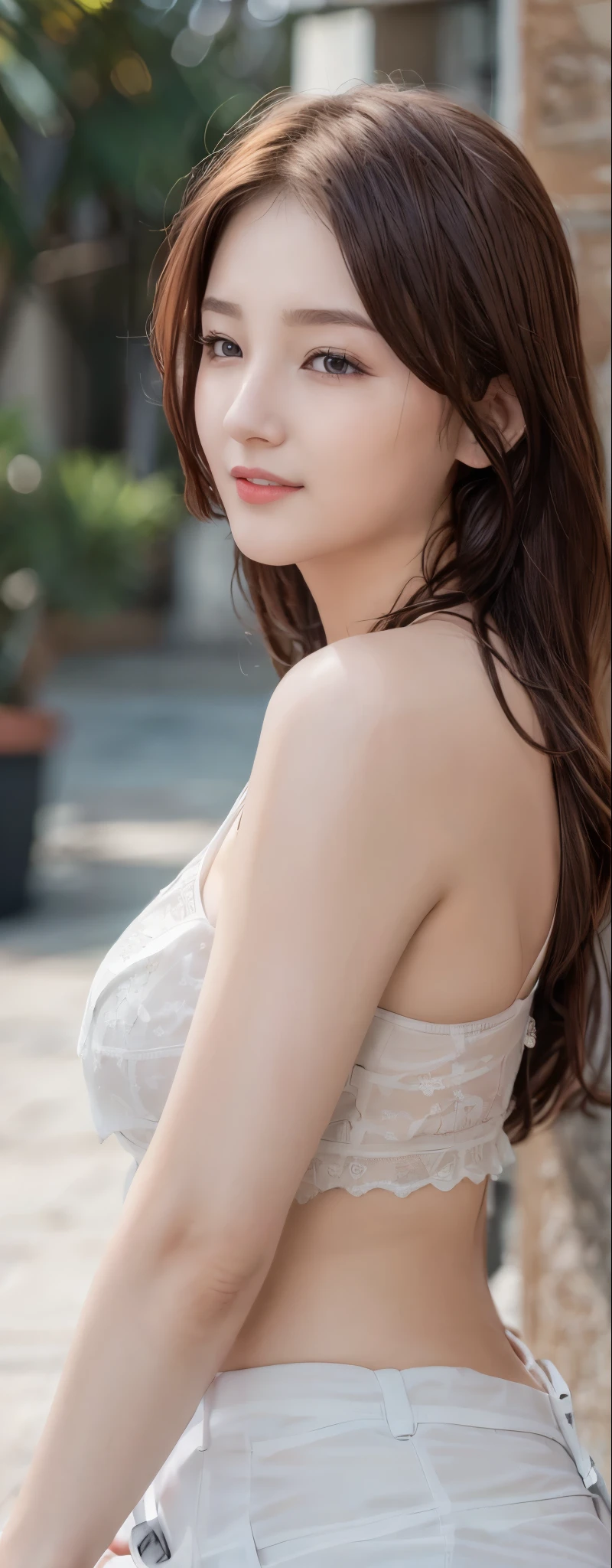 Korean Girlsband,
happy smiling facial expression,
(Makeup:1.1)
Eye makeup,
perfect fingers,
bright eyes,
realistic eyes,
expressive eyes,
perfect eyes,
matching eyes,
realistic skin,
long hair,
wavy hair,
korean hairstyle,
(Open chest),
(Medium dense breast:1.2),
realistic breast,
realistic nipple,
(white v-neck bralette, SNSD fashion outfit),
Very high resolution,
dynamic pose, dynamic perspective, large file size, maximum detail, 8k,
Realistic, jewelry,
Cold lighting, pale white skin, accurate body proportions, ideal body,
Makeup room background.