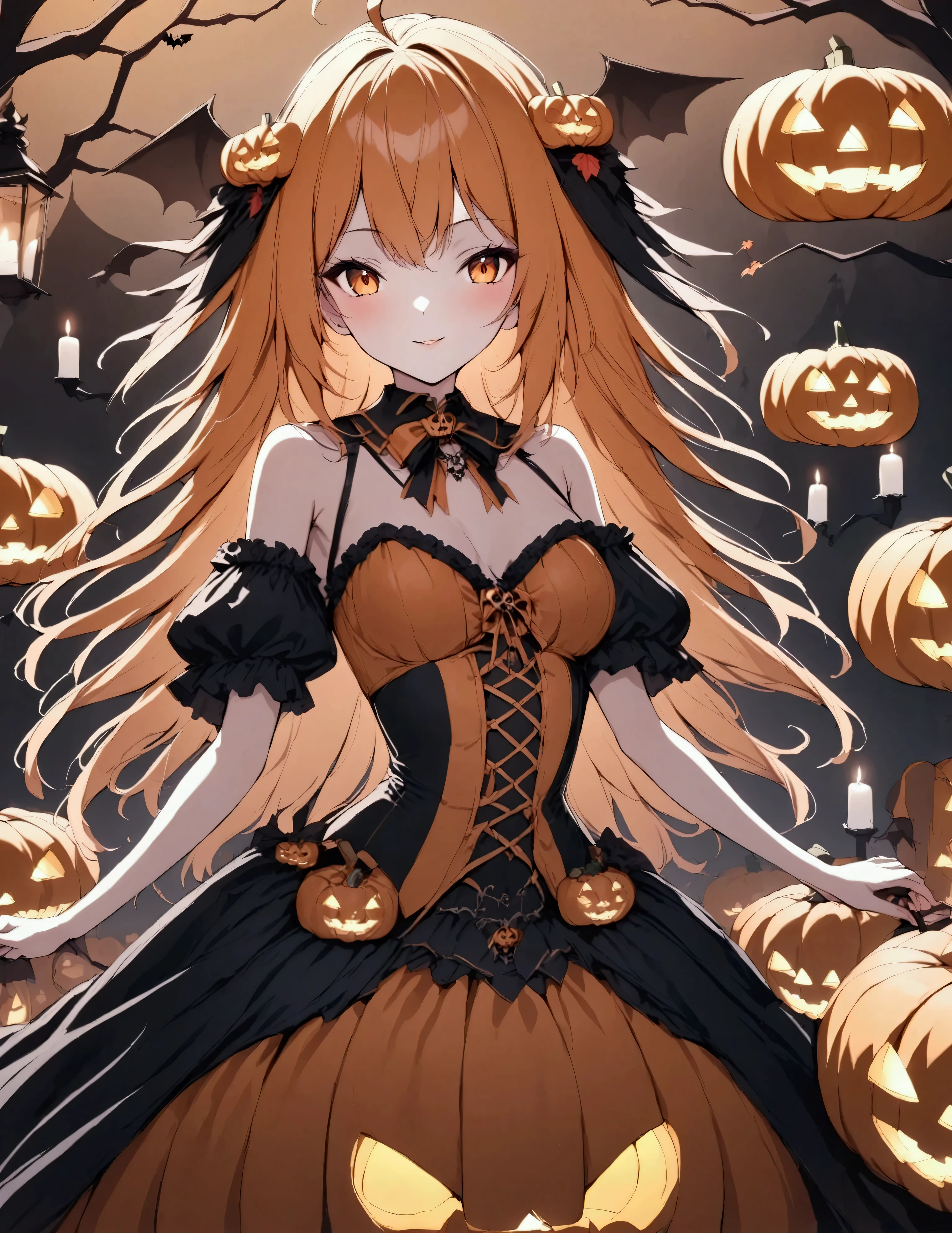 "An anime girl dressed in a glamorous orange and black pumpkin-inspired costume with a corset top and layered skirt. She stands confidently in a pumpkin patch, holding a carved jack-o'-lantern with a seductive smile, surrounded by soft candlelight and autumn leaves."