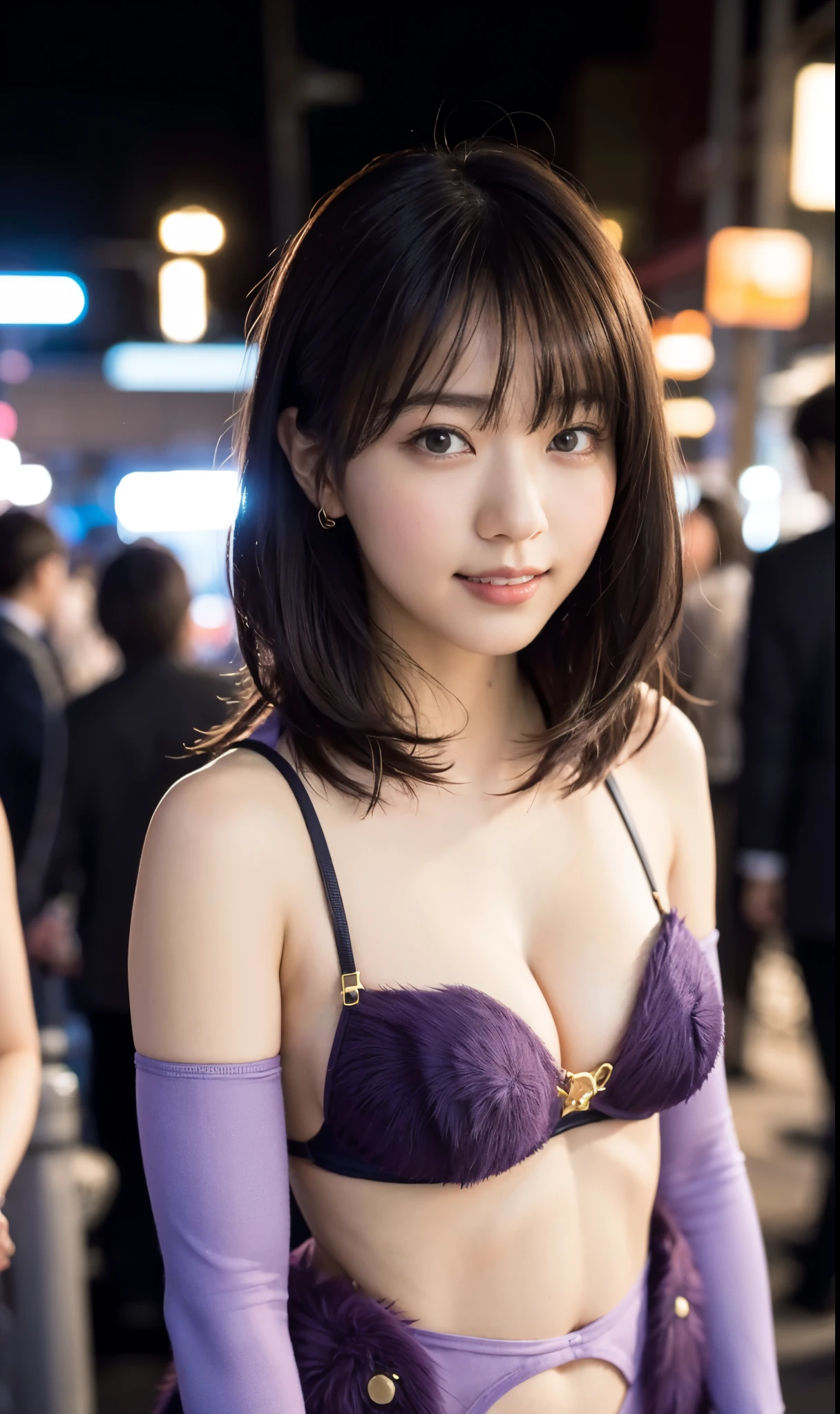 a girl walking on street, night city, rainy street background, crowds in background, cleavage, (colossal tits:1.5), beautiful face, beautiful lips, purple bikini, mashdbc, elbow gloves, fur-trimmed gloves, fur-trimmed legwear, fur collar, fur trim, o-ring, purple gloves, purple thighhighs, wolf ears, smiling, high quality, masterpiece, professional lighting, smooth focus, sharp, 8k wallpaper, cute pose, crowded background