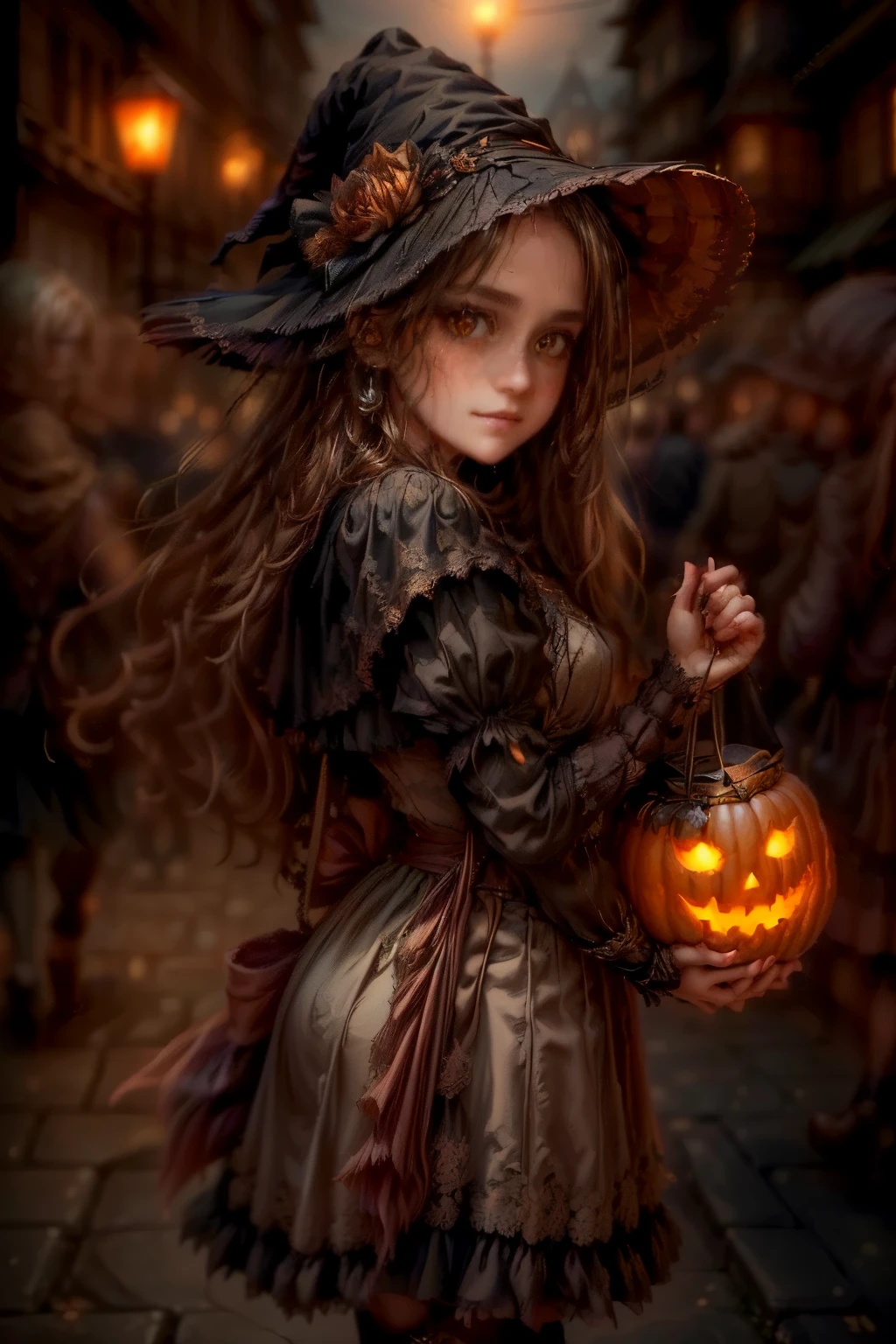  cute pumpkin queen, highly detailed face, beautiful detailed eyes, beautiful detailed lips, extremely detailed face, long eyelashes, pumpkin costume, pumpkin followers holding lanterns, city street at night, skyscrapers, street lamps, moon, fog, spooky atmosphere, cinematic lighting, vibrant colors, 8k, photorealistic, concept art. european pumpkin queen, cute pumpkin queen, a girl  in a witch costume holding a pumpkin in a street, the style of wlop, portrait of a young witch girl, classical witch, fantasy art style, artwork in the style of guweiz, dark fantasy style art, inspired by WLOP, portrait of a young witch, wlop |, in style of wlop, witch girl