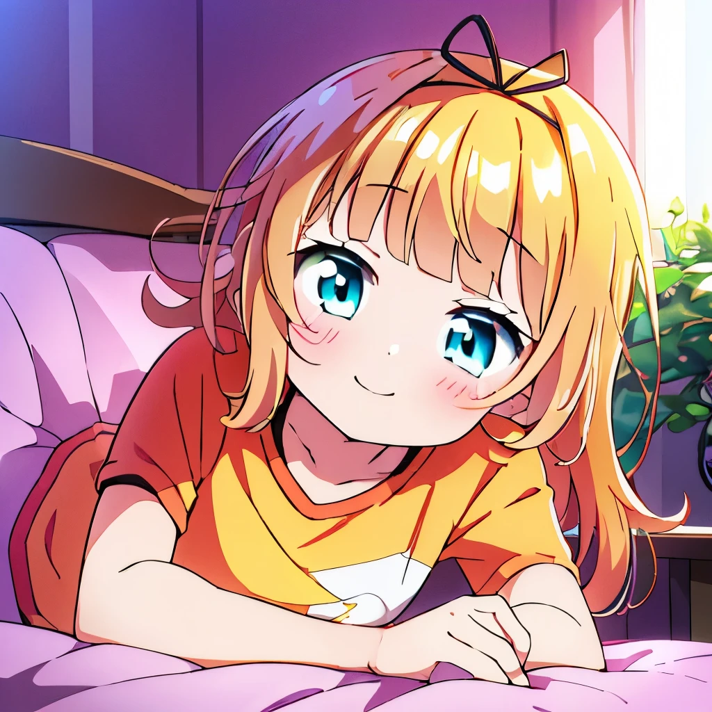 ((masterpiece)), ((best quality)), (ultra-detailed), anime style, on the bed, a cute girl, 1girl, solo, gym shorts00, ((beautiful eyes))0, smile