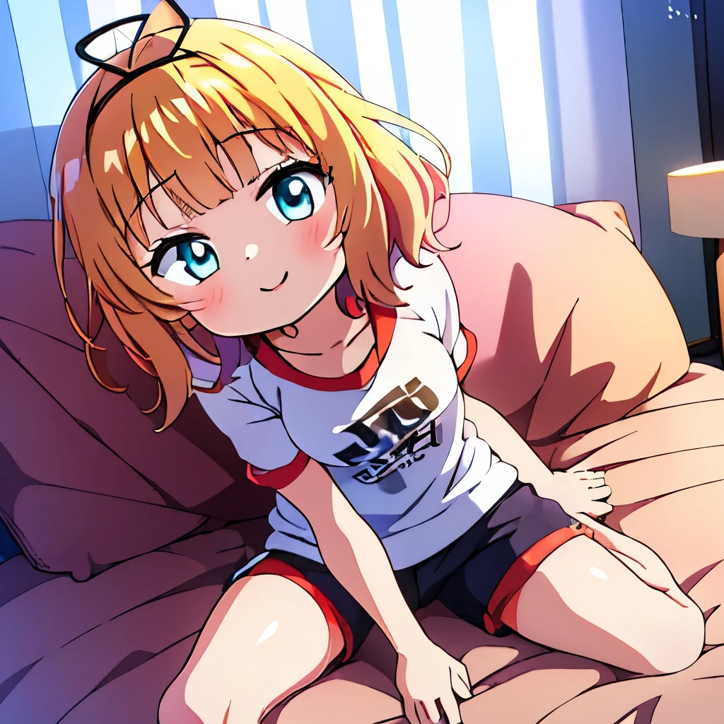 ((masterpiece)), ((best quality)), (ultra-detailed), anime style, on the bed, a cute girl, 1girl, solo, gym shorts00, ((beautiful eyes))0, smile