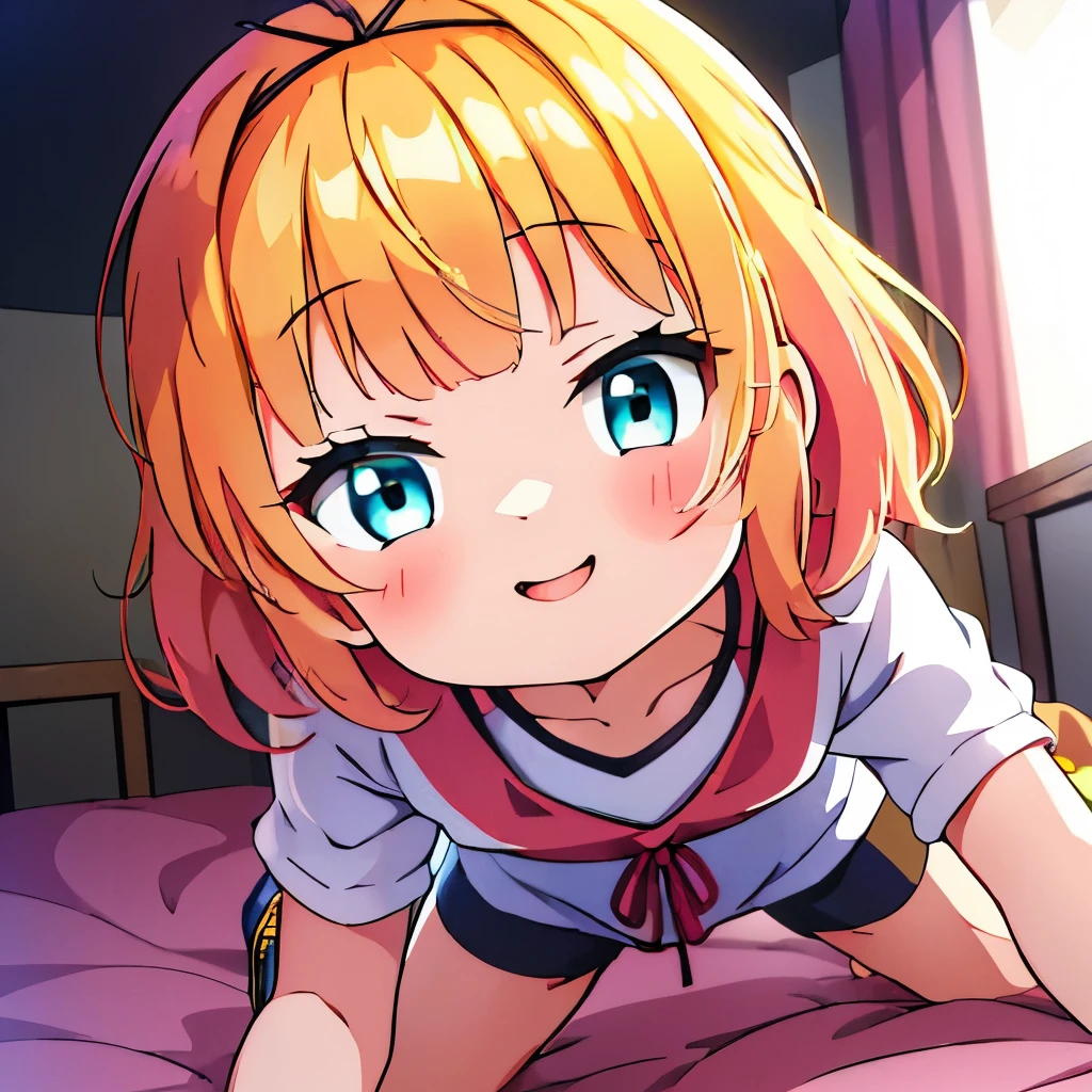 ((masterpiece)), ((best quality)), (ultra-detailed), anime style, on the bed, a cute girl, 1girl, solo, gym shorts00, ((beautiful eyes))0, smile