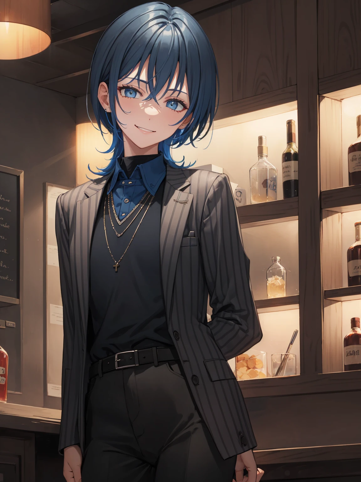 Portrait, official art, best masterpiece, best quality, best resolution, 8K, best detailed, perfect anatomy, Dutch Angle, looking at viewe
BREAK
cowboy shot, Walking, head tilt, arms behind back, leaning forward
BREAK
HiodoshiAo, parted bangs, dark blue hair, small breasts, formal, striped jacket, collared shirt, necklace, belt, black pants, (1woman)
BREAK
smile, bashful
BREAK
Soft lighting, indirect lighting, absurd, (bar, Indoor), (Nighttime, dark:1.2), very fine and detailed 16KCG wallpapers