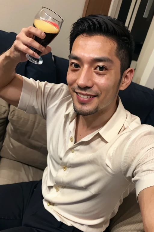 ((Selfie with smartphone)), Japanese men,36 years old,Muscular, Rough Outfit ,( white shirt :1.22),BRAEK,The best smile,( sitting on the couch:1.22),liquor,(cheers:1.6),In a good mood,Whisky,Height: 178cm,Weight 100kg