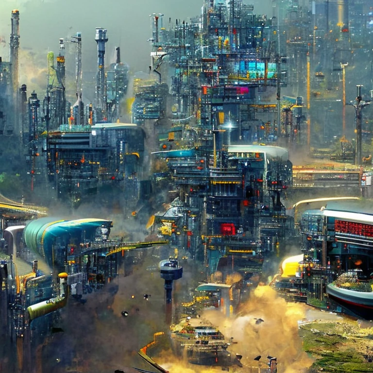 A sci-fi world populated by robots, cars , steampunk, Cyberpunk,