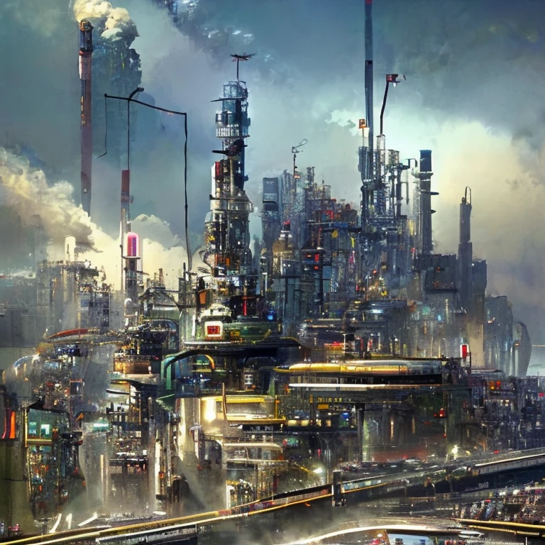 A sci-fi world populated by robots, cars , steampunk, Cyberpunk,