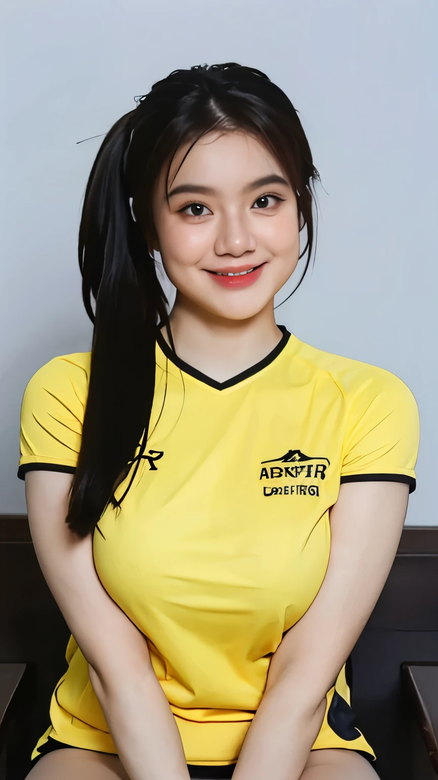 1girl,masterpiece,beautiful,realistic,(super huge fake breast:1.1),wearing a ( Manchester City Sport Soccer Wear) wear, located by the Livingroom, (W cup Breast),sitting on the chair,photoshoot,plain background random color,plain random color walls,smiling,sit up straight,behind the girl there is nothing,pony tail hair