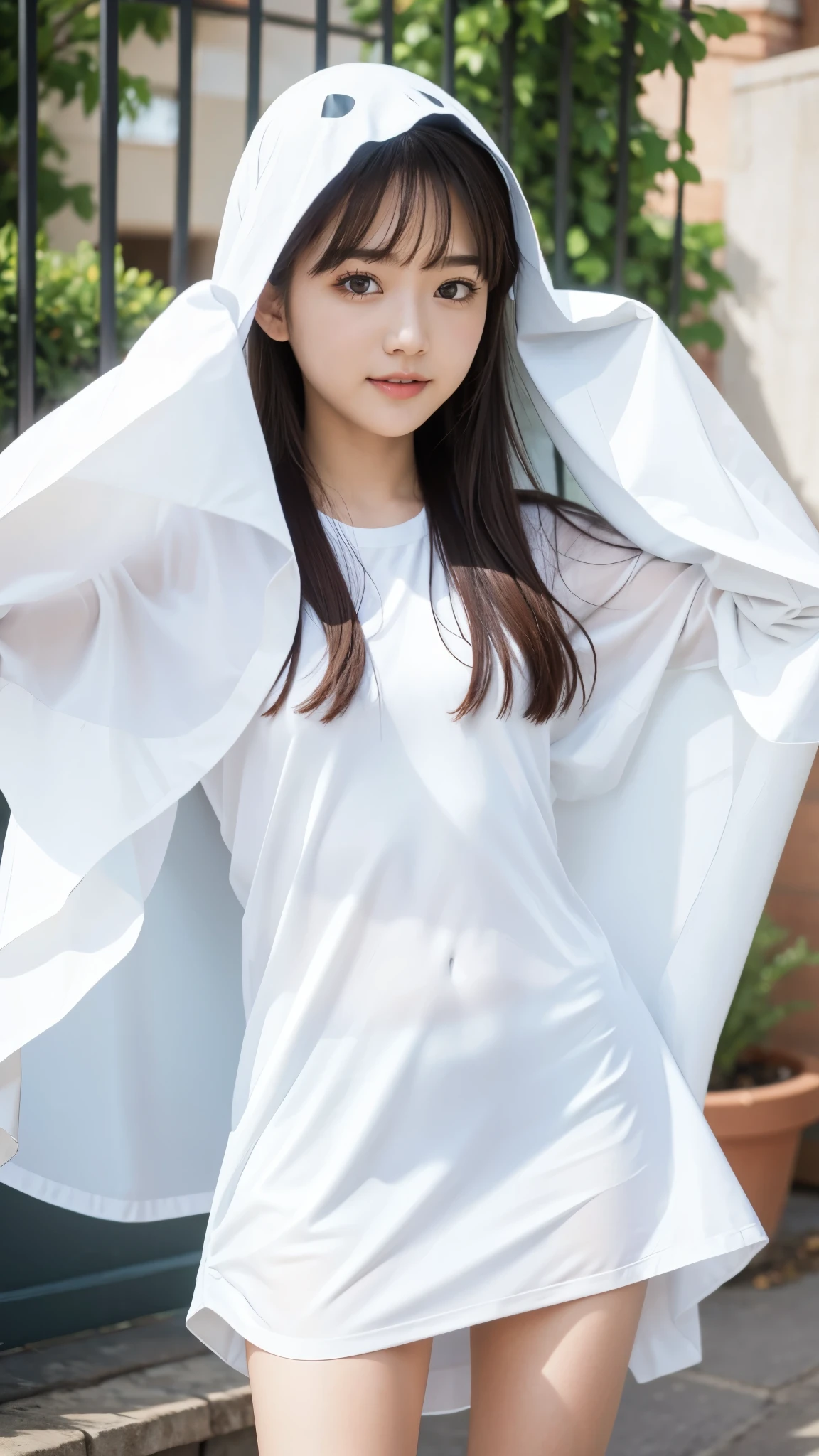 female , Small and slender figure, slender body line, beautiful girl, Baby Face, ((An expret is about to surprise)), Best Quality, 8k, RAW Photos, ultra-fine, (Detailed hands:1.3, Perfectly right move, Small hands), ( detailed eyes and faces that resist tentacles:1.2, Professional photography), Beautiful small face, beautiful eyes, High nose, Moisturizing Lips:1.2, ((Cute ghost costume))