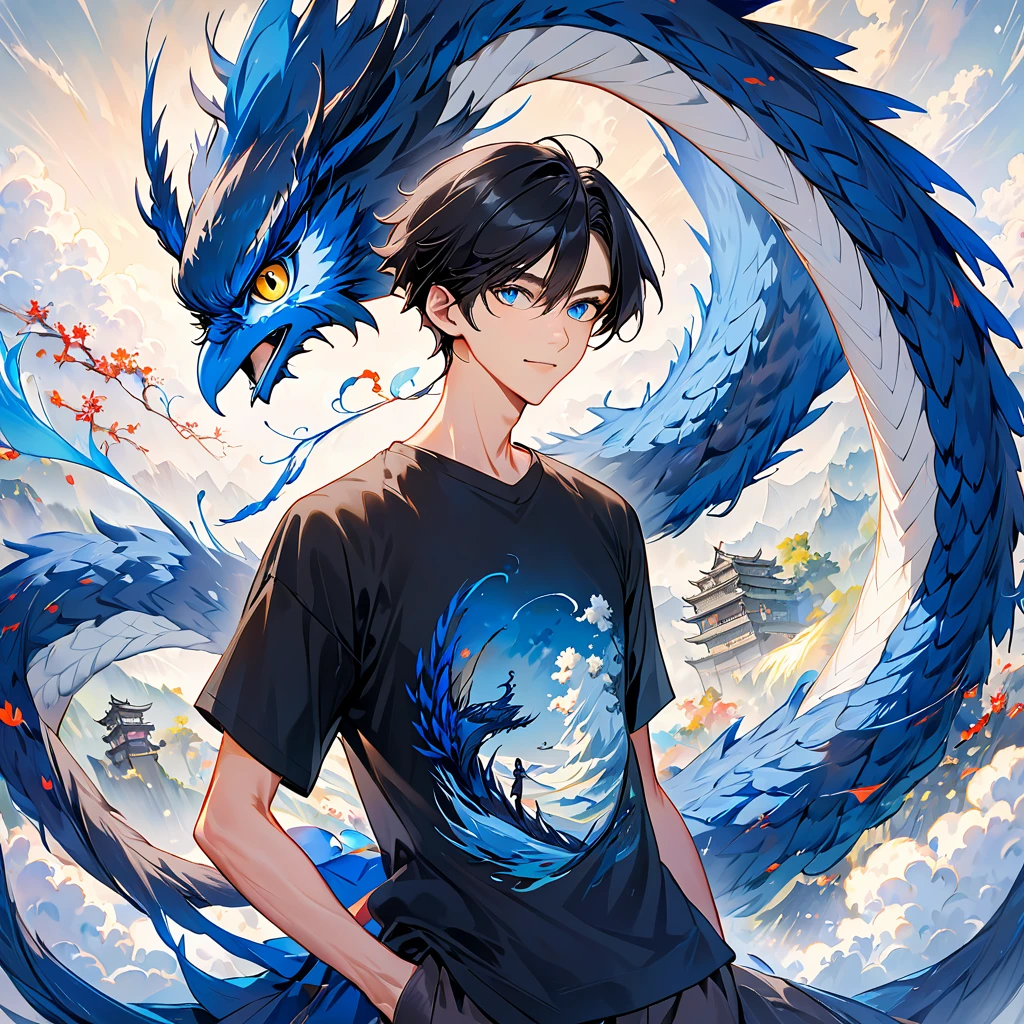 1 30-year-old man。 tall, slender, and wearing a plain black t-shirt。I have black hair and my hair is very short 。I'm taking a picture of qute owl。 There is a blue dragon swirling in the background。 colorful ink painting based on blue 。