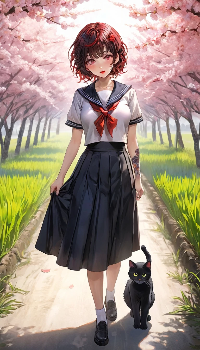 (masterpiece, ultra-detailed, best quality, clear focus, dramatic scene, cinematic), shadow, (ultra-high resolution, 8k), perfect anatomy, perfect face, (detailed face, detailed eye), cute Japanese girl, famous Japanese idol, very beautiful and cute and cool face, dynamic pose, dynamic angle, (wearing a black sailor uniform with very long black skirt:1.3), punk rock styled mature bad girl, short curly-haired, red lips, bad girl, (very large breasts), slim waist, standing at the footpath between rice fields, beautiful cherry blossom, (with mewing giant cat:1.3)