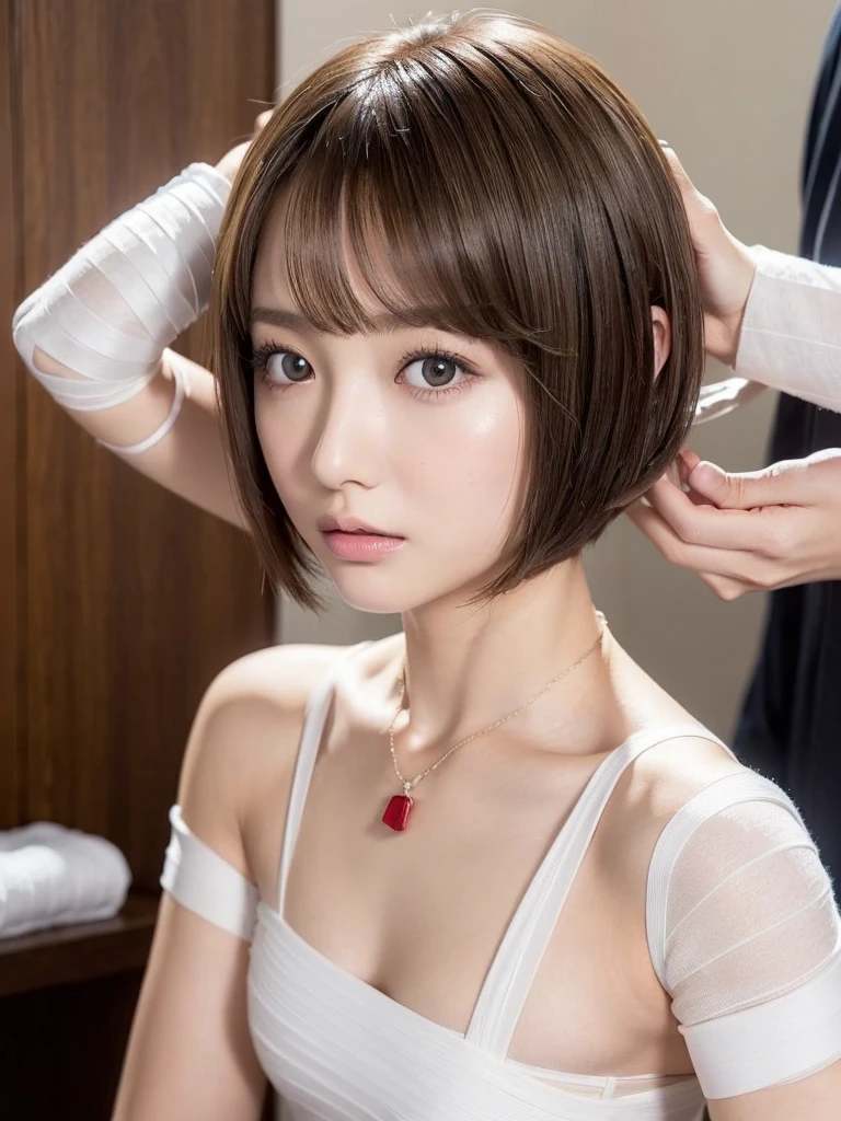 ((top-quality))、(Masseter muscle area:1.4)、Original photo、8k、(( Highest quality ))、 (( Kampala))、  beautiful face down to the smallest detail 、  Realistic Human Skin 、  、(One Woman:1.3 )、Realistic、 photorealistic 、( very short hair with white bandage:1.4)、(Beautiful woman)、 very short hair with white bandage、( Cute Japanese Girl )、(( pretty woman))、(Beautiful Hair)、( dark brown hair )、(((Red cheeks)))、((Big Eyes))、20 year old beauty、(Small face:1.5)、Small head、((Long neck))、Pale skin、Spotless Skin、With bangs、Everyone admires、日本のBeautiful womanモデル、8 heads、( Necklace )、((Beauty Salon))、、 looking at the camera 、singer、Everyone respects her 、(There are some celebrities)、日本のBeautiful womanモデル、(Haircut Model:1.3)、(Hope of the Youth)、