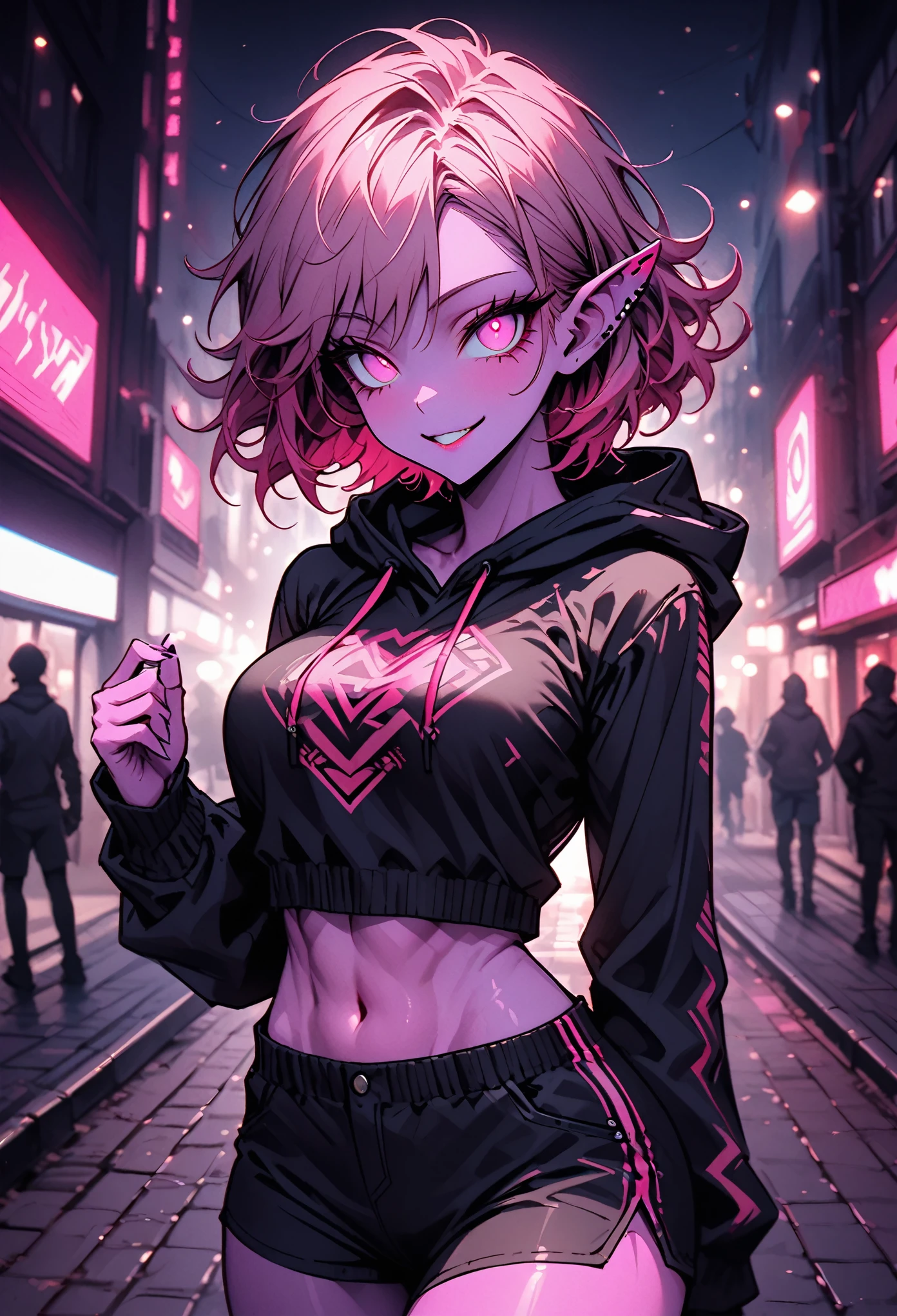 solo, short alien woman, short messy hair, dark pink hair, black sclera:1.7, bright pink eyes, triangular ears, large breasts, very slim waist, wide smile, night, close up, tone-tone skin, pink skin, two color skin, tight shirt, shorts, midriff, cheerful, tomboy, adult, tone-tone face, hoody, aquatic, sidewalk, city, hands in hoody, toned, wide hips, thick thighs, long lashes, seductive, crop top hoody, girly, glowing eyes:0.3