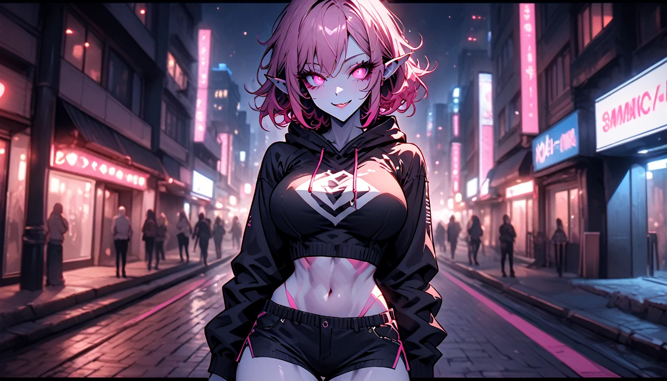 solo, short alien woman, short messy hair, dark pink hair, black sclera:1.7, bright pink eyes, triangular ears, large breasts, very slim waist, wide smile, night, close up, tone-tone skin, pink and white skin, two color skin, tight shirt, shorts, midriff, cheerful, tomboy, adult, tone-tone face, hoody, aquatic, sidewalk, city, hands in hoody, toned, wide hips, thick thighs, long lashes, seductive, crop top hoody, girly, glowing eyes:0.3