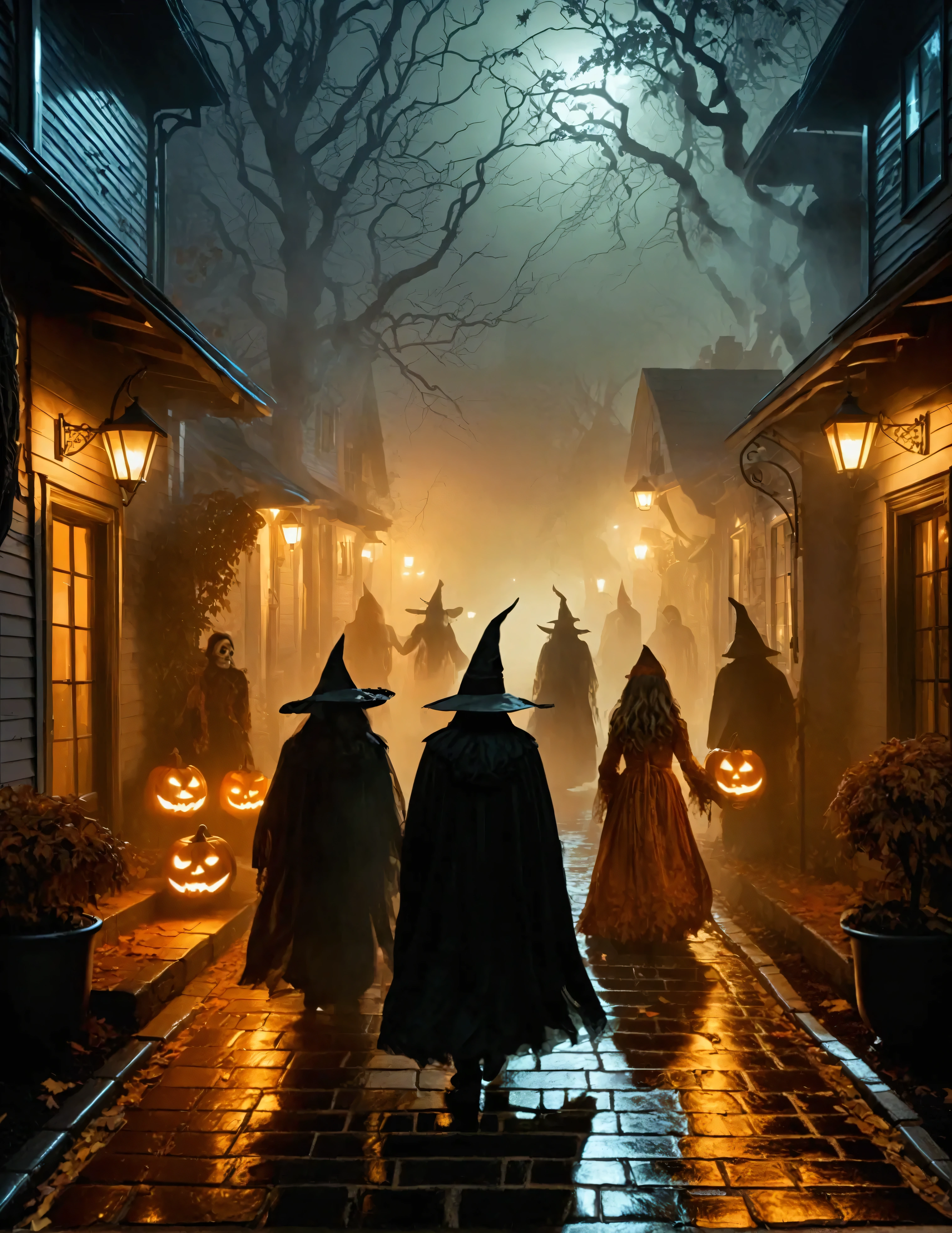 "A realistic Halloween night scene of ren in various costumes—witch, ghost, skeleton—walking along a foggy, dimly lit street with jack-o'-lanterns glowing on doorsteps. The atmosphere is eerie, with faint shadows cast by street lamps, creating an unsettling yet nostalgic Halloween vibe."